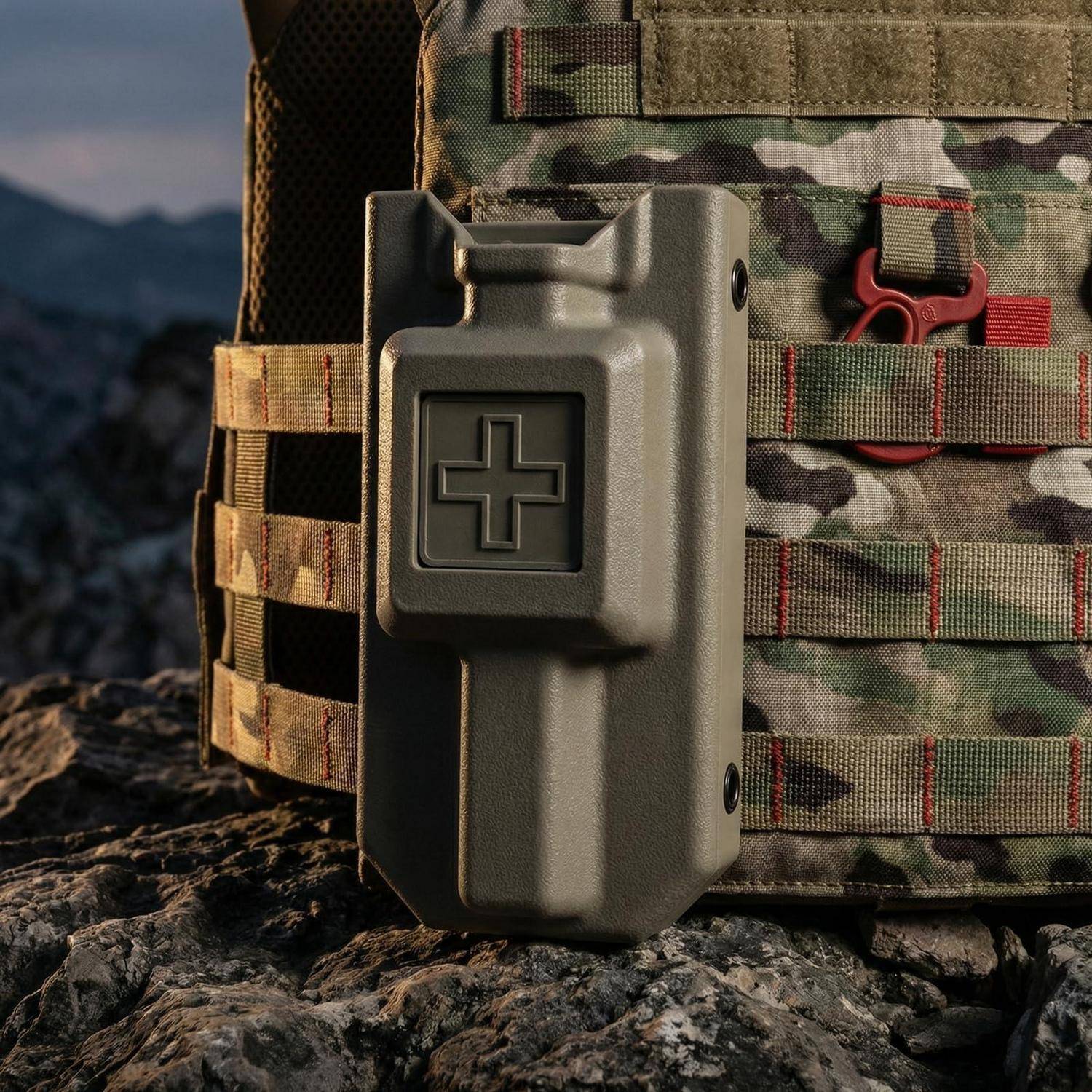 Tan medizinische Tasche befestigt an einer Tarnung-Taktikweste, gezeigt auf einer felsigen Außenfläche.