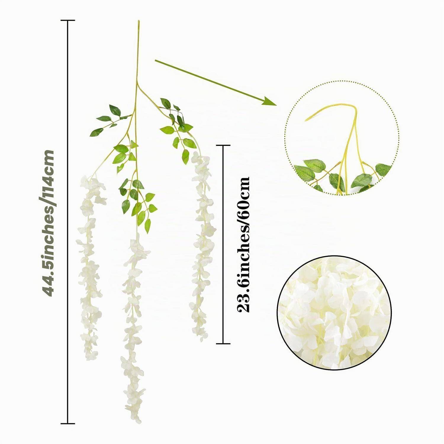 Illustration einer hängenden künstlichen Blumenranken-Girlande, 44,5 Zoll lang mit 23,6 Zoll herabhängenden Strängen, plus Nahaufnahmen des Stiels und der weißen Blüten.