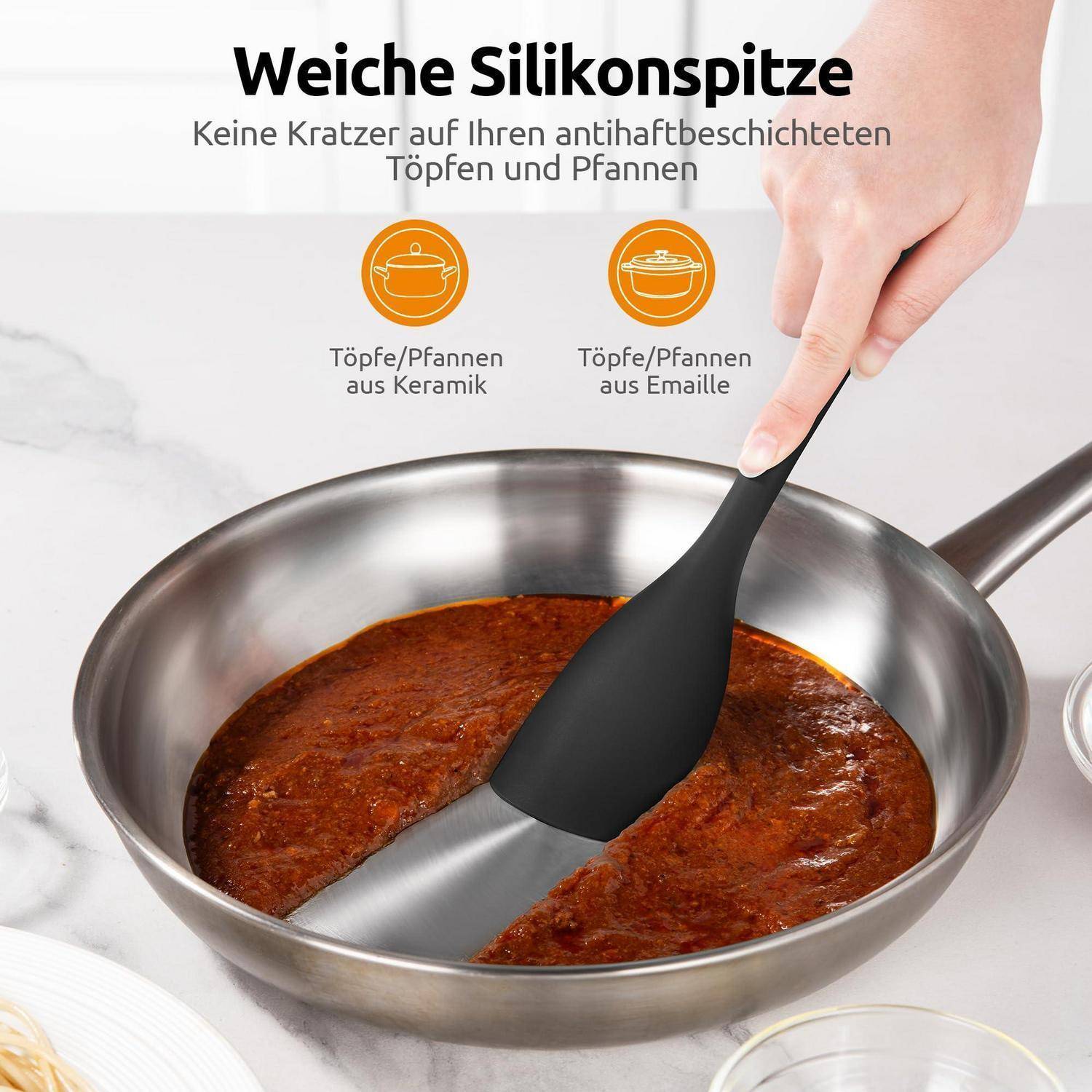 Werbeanzeige mit einem Silikon-Spatel in einer Pfanne, mit dem Text: „Weiches Silikonende