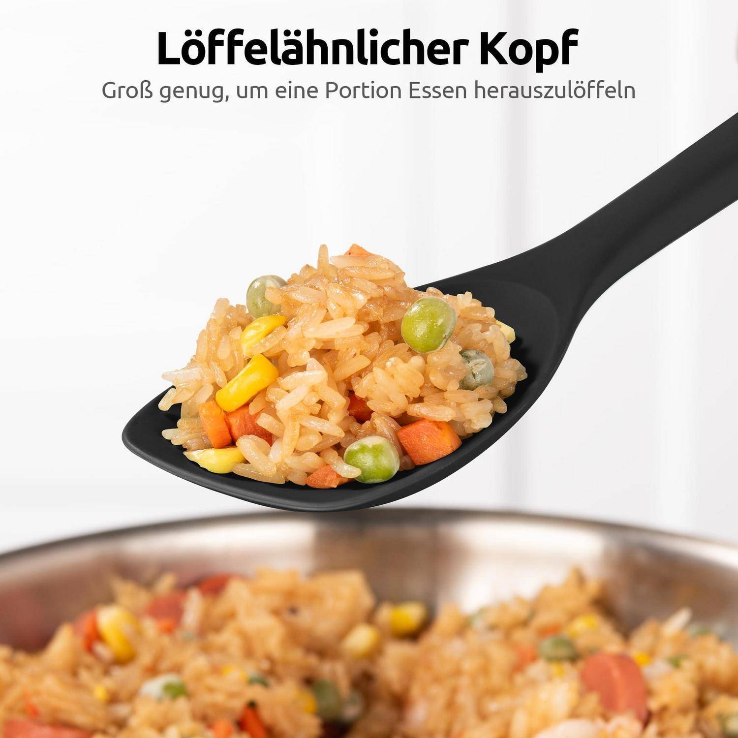 Schwarzer Servierlöffel mit einer Portion Reis und gemischtem Gemüse über einer Schüssel mit demselben Essen; der Text sagt „Löffelähnlicher Kopf
