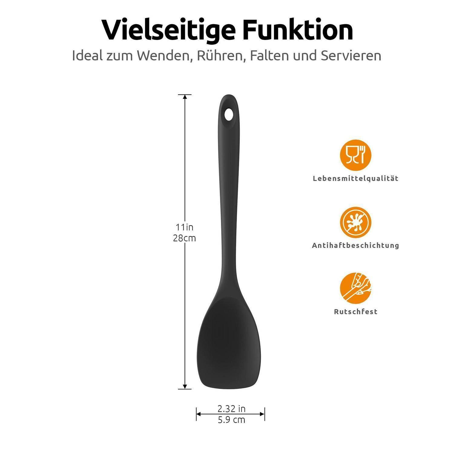Schwarzer Silikonspachtel mit den Abmessungen 11 Zoll (28 cm) lang und 2,32 Zoll (5,9 cm) breit; gekennzeichnet als lebensmittelsicher, antihaftbeschichtet und rutschfest.