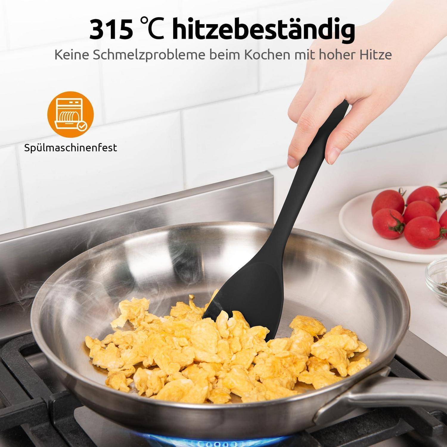 Schwarzer Spatel rührt Rühreier in einer Edelstahlpfanne auf einem Herd um, mit deutschem Text, der Hitzebeständigkeit bis 315°C und Spülmaschinensicherheit bewirbt.
