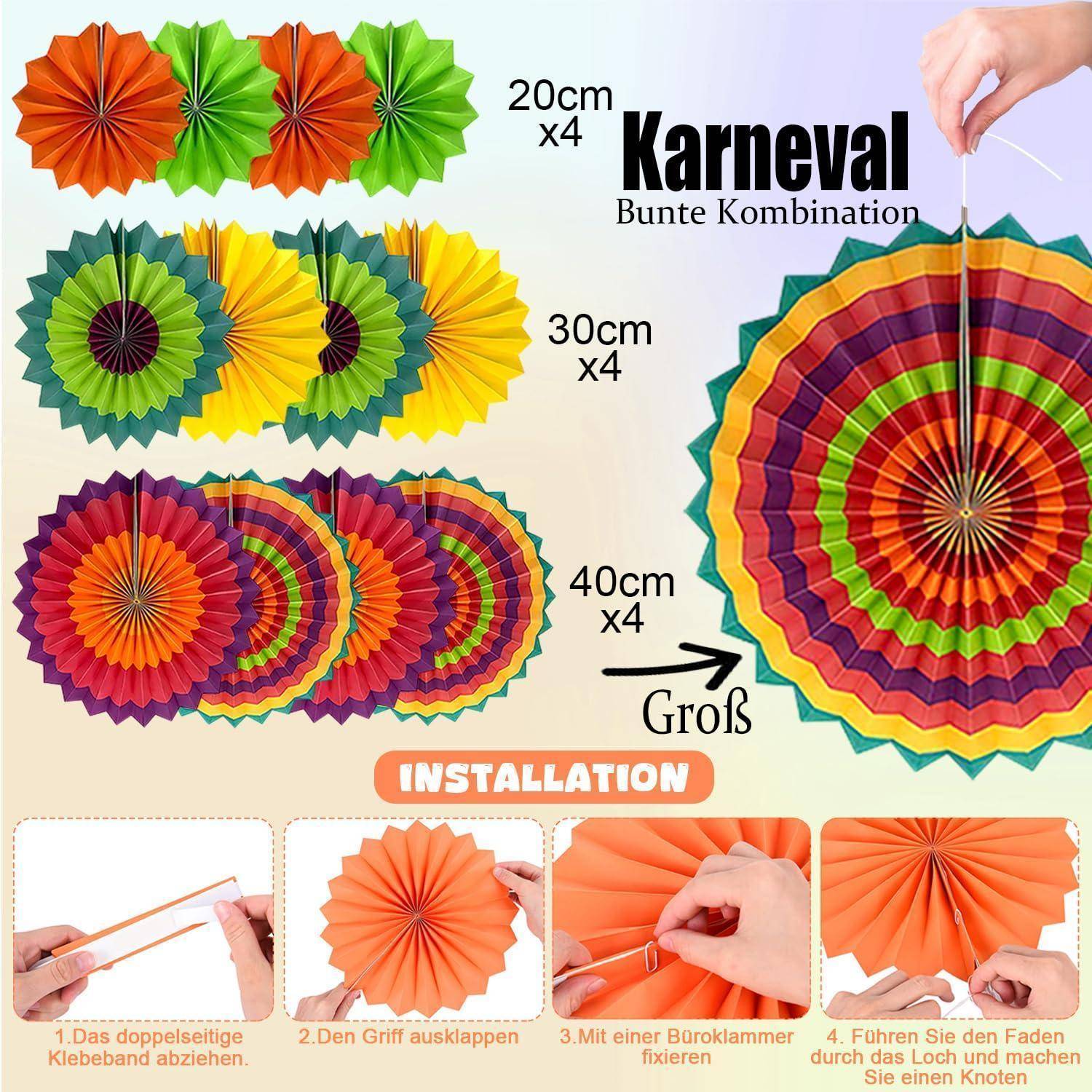 Plakat für „Karneval Bunte Kombination" mit farbenfrohen Papierrosetten-Dekorationen in 20-cm-, 30-cm- und 40-cm-Sets, mit Schritt-für-Schritt-Installationsfotos zum Aufhängen.