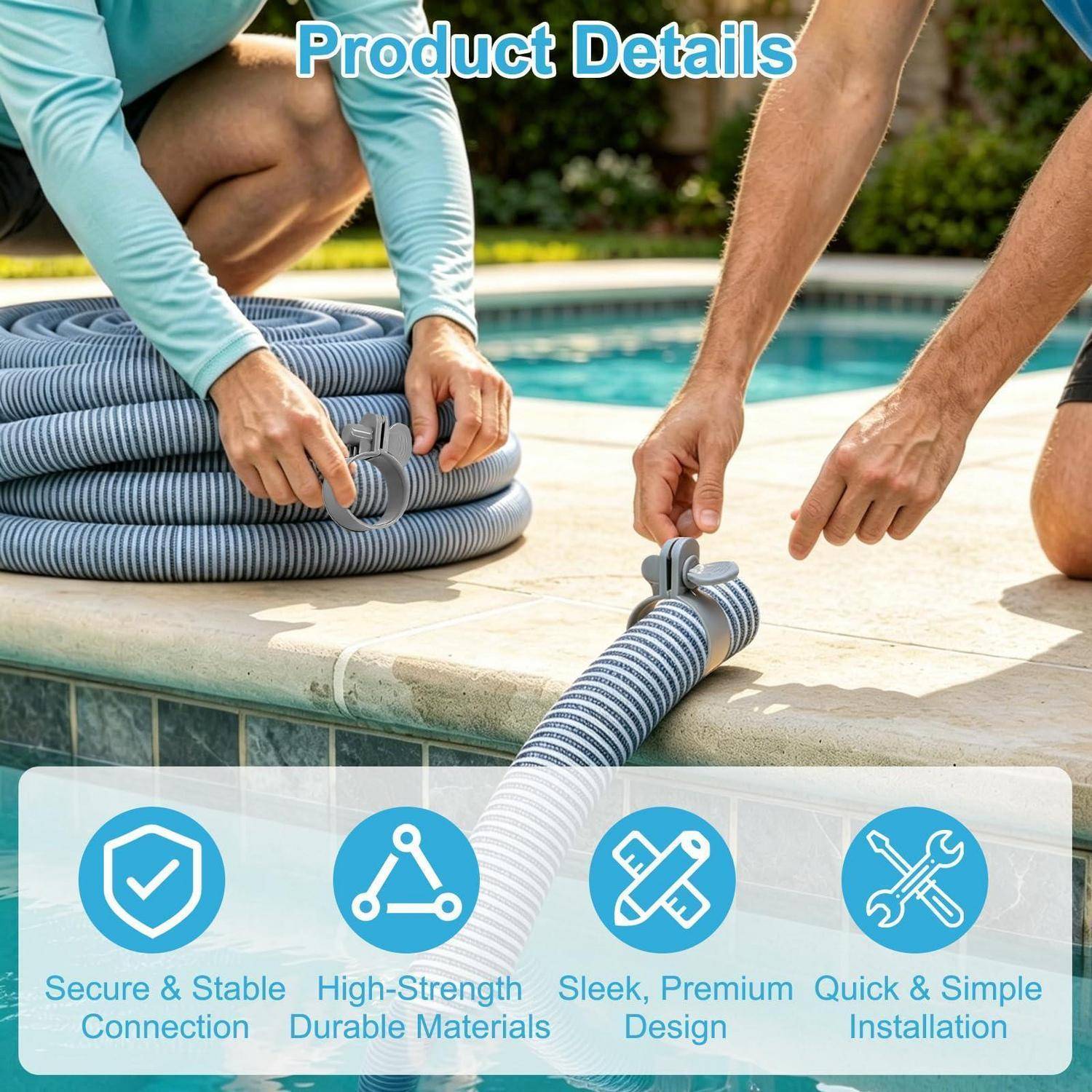 Grafik mit Produktdetails für Poolschlauch, die Hände zeigt, die einen gerippten Schlauch neben einem Schwimmbecken befestigen, mit Symbolen für sichere Verbindung, langlebige Materialien, hochwertiges Design und einfache Installation.