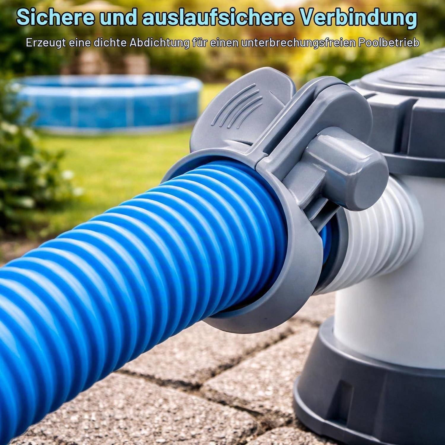 Nahaufnahme eines Poolschlauchs, der sicher an einem Pumpenfitting angebracht ist, mit deutschem Text, der eine sichere, undichte Verbindung für einen ununterbrochenen Poolbetrieb fördert.