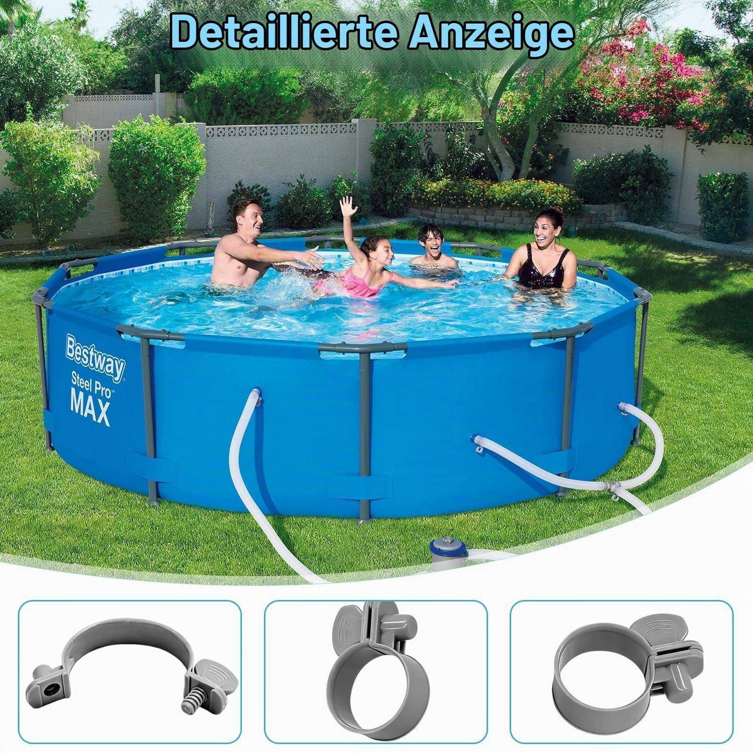 Familie schwimmt in einem blauen Bestway Steel Pro MAX Aufstellpool im Garten, darunter drei Bilder, die Poolschlauchklemmverbinder zeigen.