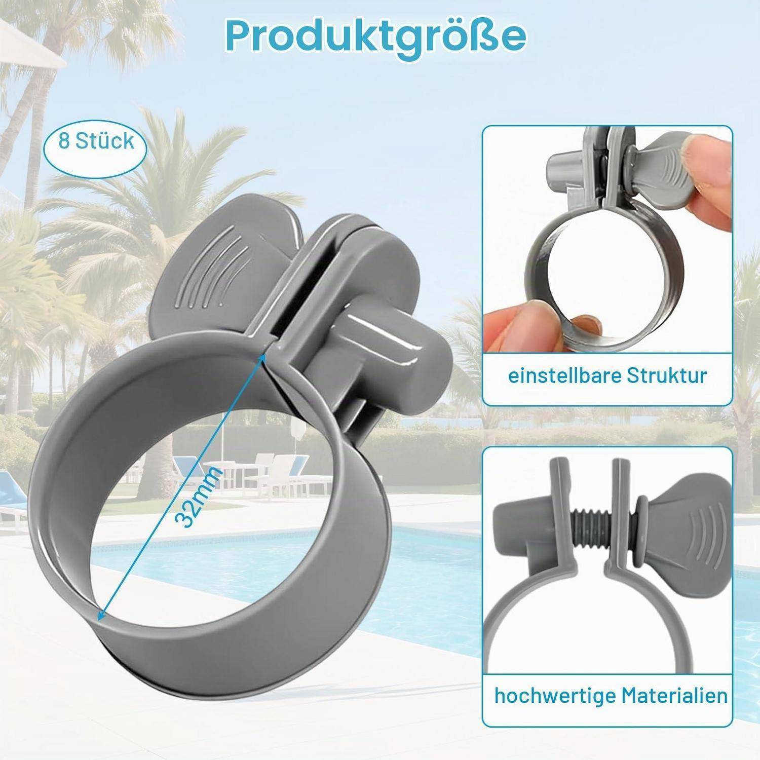 Produktgrößengrafik mit verstellbarem grauem Spannring, beschriftet mit „8 Stück