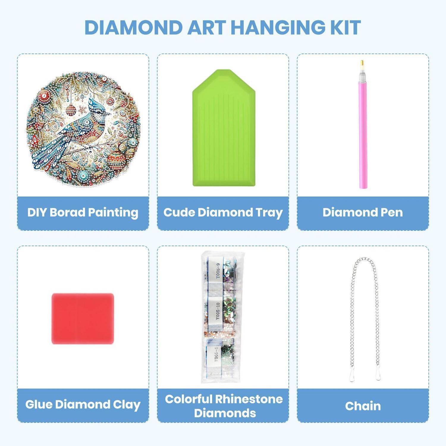 Diamantmalerei-Hängeset mit DIY-Tafel zum Malen, süßem Diamanttablett, Diamantstift, Klebediamantkitt, bunten Rhinstein-Diamanten und Kette.