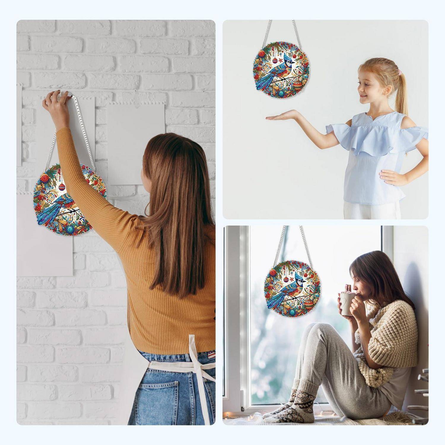 Collage einer Frau, die eine bunte runde Wanduhr aufhängt, eines Mädchens, das sie in ihrer Handfläche präsentiert, und einer anderen Frau, die am Fenster sitzt und eine Tasse hält, während die Uhr in der Nähe ist.