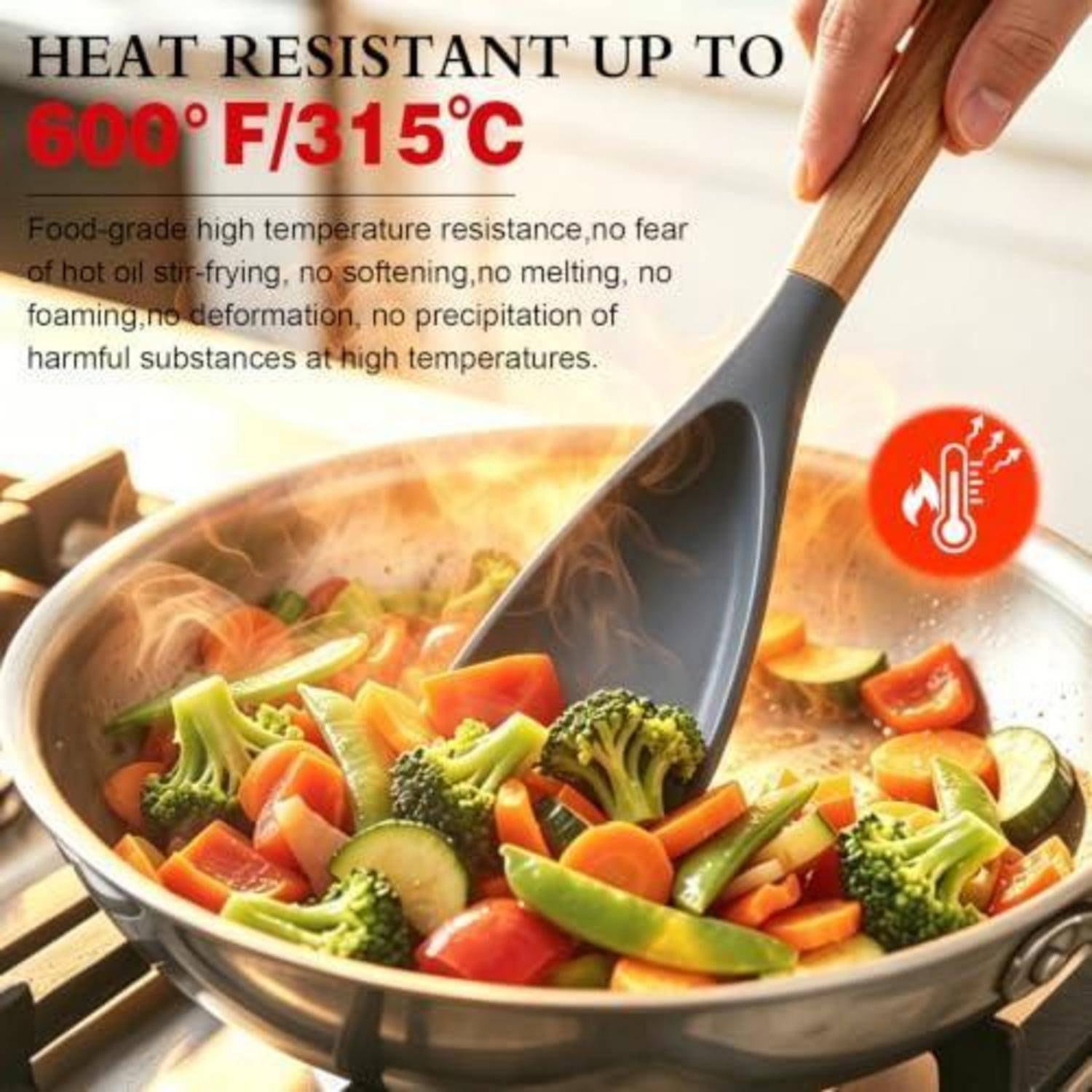Beworbenes hitzebeständiges Kochutensil zum Umrühren von Gemüse in einem Wok, mit Text, der „HITZEBESTÄNDIG BIS 600°F/315°C
