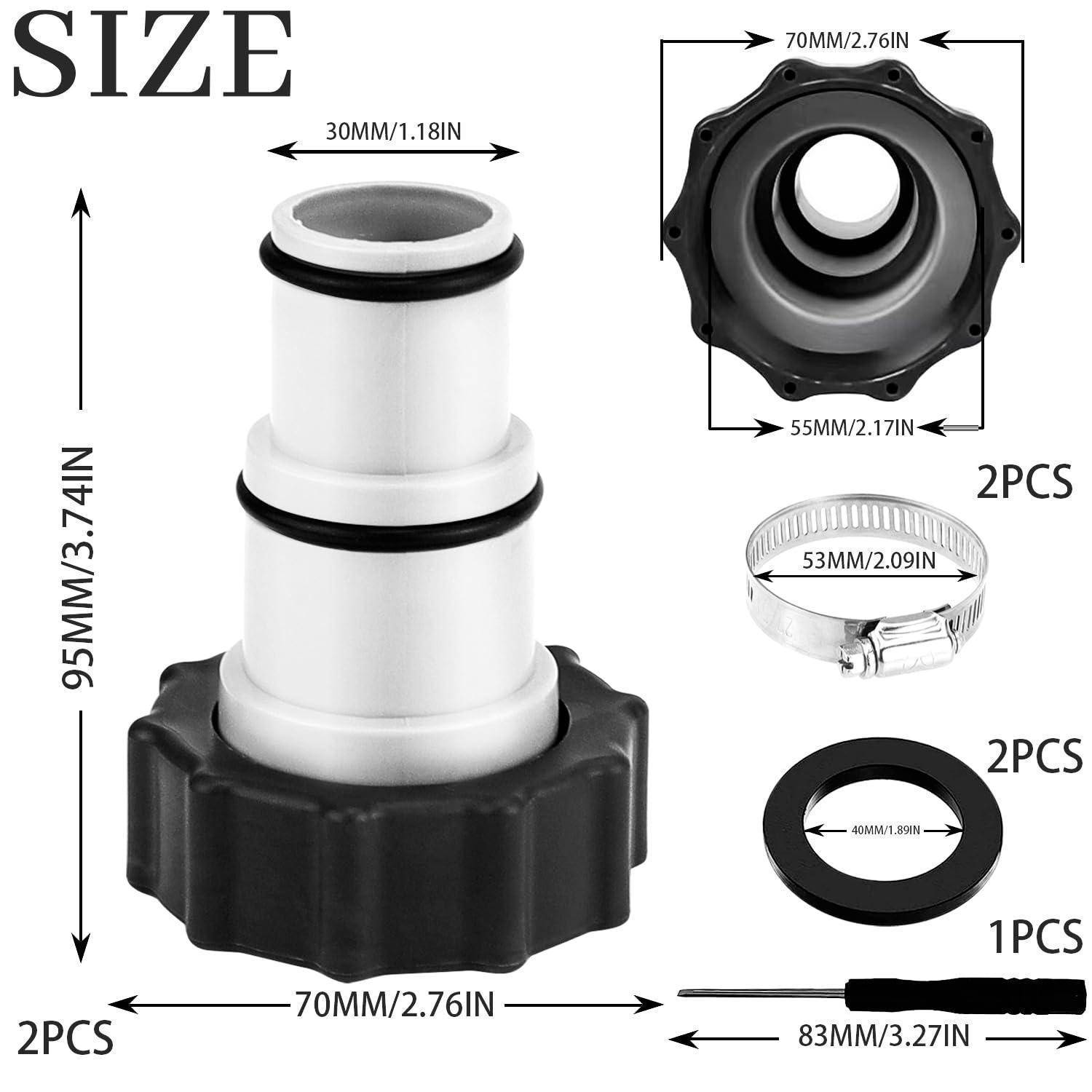 Produktgrößendiagramm einer schwarz-weißen Kunststoffarmatur mit den Hauptabmessungen der Einheit 95 mm Höhe und 70 mm Breite, plus Schlauchschellen- und Dichtungsgrößen.
