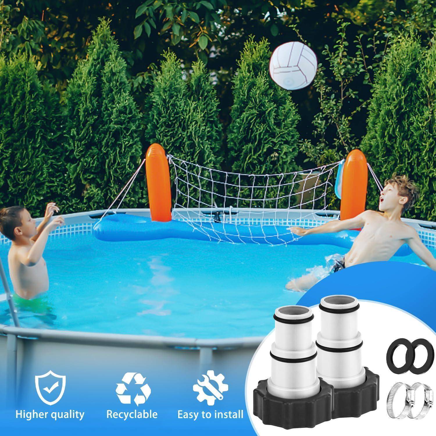 Kinder spielen Wasservolleyball in einem aufblasbaren Pool mit Netz und Ball, mit angezeigten Produktmerkmalen: 'Höhere Qualität', 'Recycelbar', 'Einfach zu installieren'.