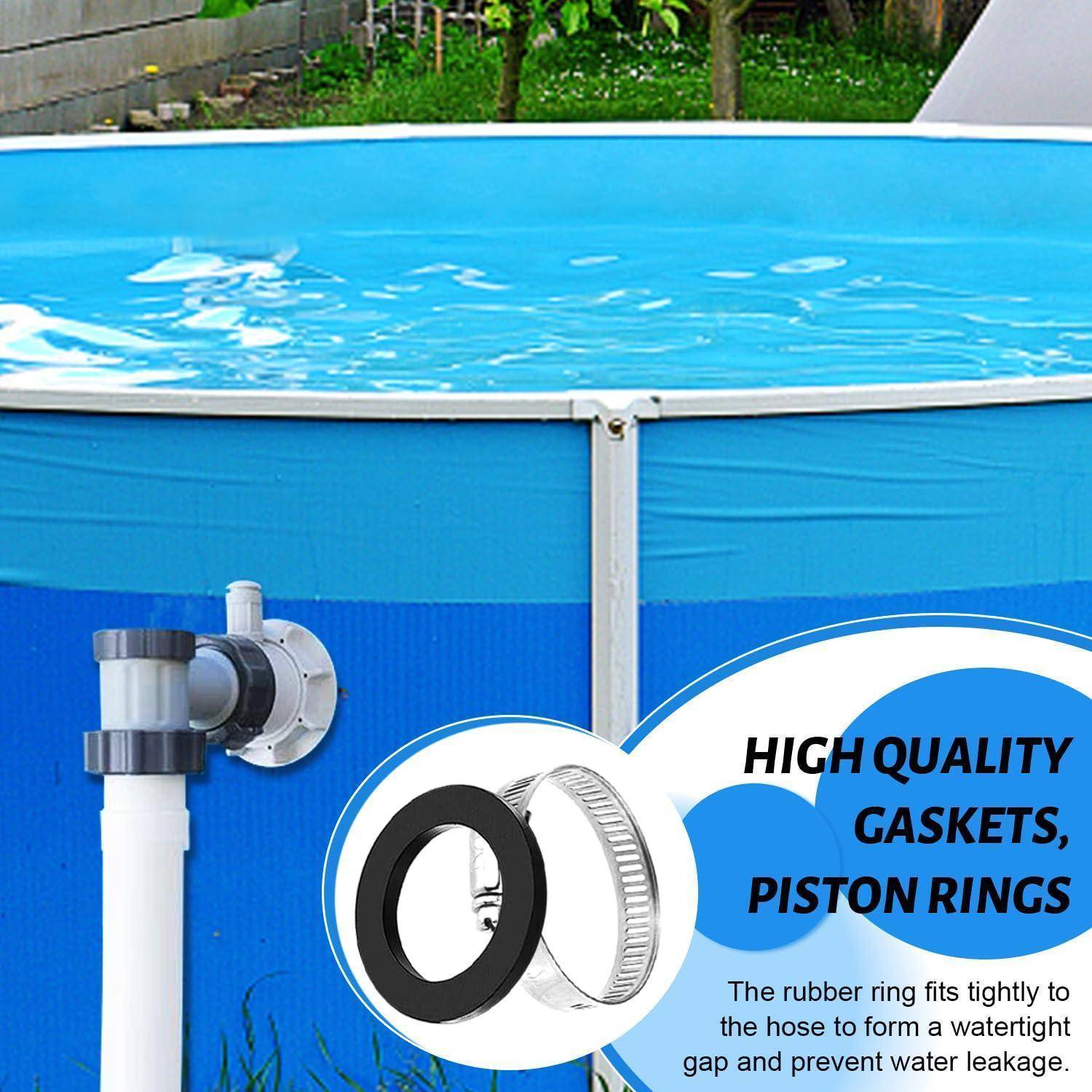 Blauer oberirdischer Pool mit einer illustrierten Schlauchmanschette und Kolbenringen, mit der Beschriftung „HOCHWERTIGE DICHTUNGEN, KOLBENRINGE