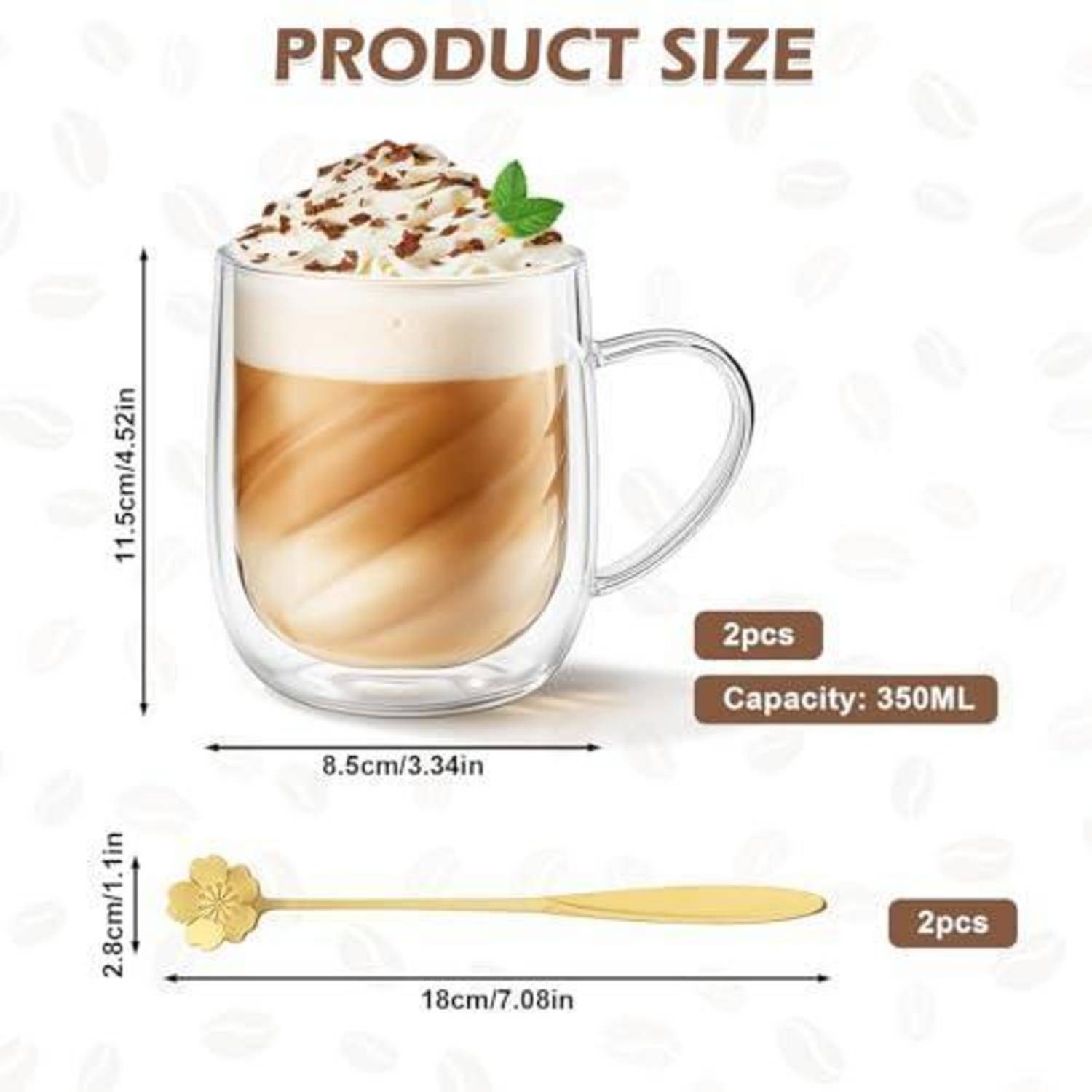 Größentabelle für Produkte mit einem doppelwandigen Glasbecher und einem blütenförmigen Löffel; der Becher ist 11,5 cm hoch, 8,5 cm breit, 350 ml, der Löffel ist 18 cm lang.