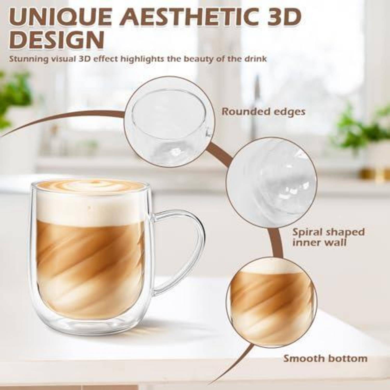 Werbegrafik einer klaren Glaskaffeetasse mit Latte Art, die die Funktionen des "Einzigartigen ästhetischen 3D-Designs"" hervorhebt: abgerundete Kanten, spiralförmige Innenwand und glatter Boden.