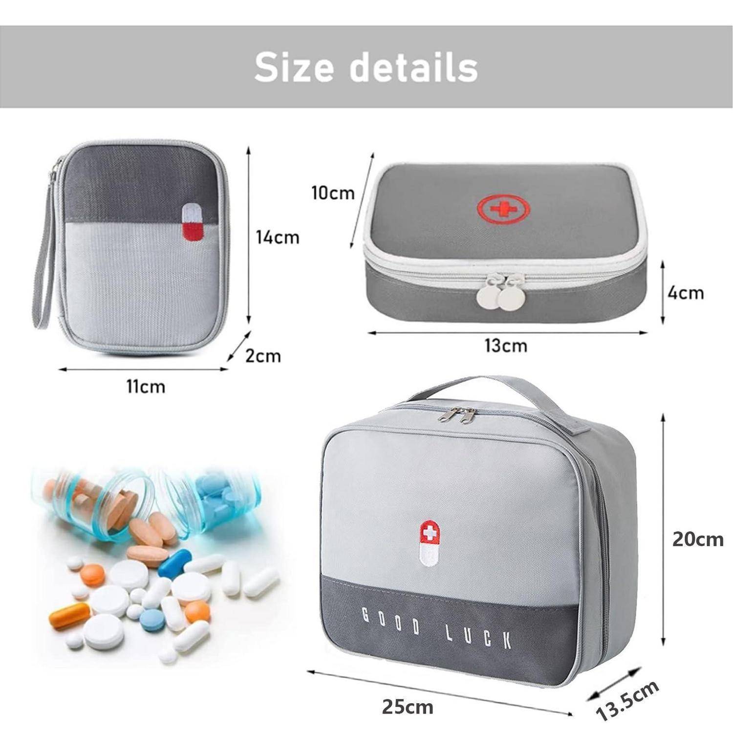 Größendetails-Infografik mit einer grauen Pillenorganizer-Tasche und einem Reiseetui sowie Pillen; Abmessungen mit 11x14x2 cm, 13x10x4 cm und 25x20x13,5 cm gekennzeichnet.