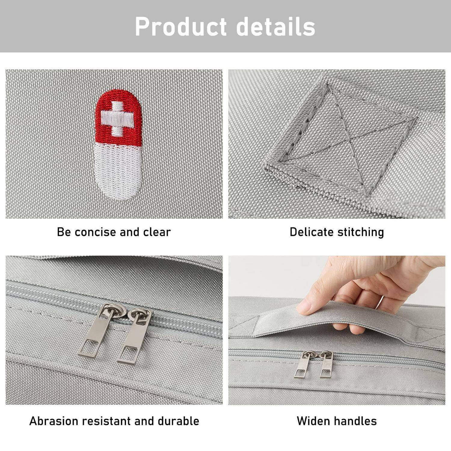 Produktdetails für eine graue Tasche: rot-weiße Erste-Hilfe-Patch, feine Stickerei, verschleißfeste Reißverschlüsse und breite Griffe.