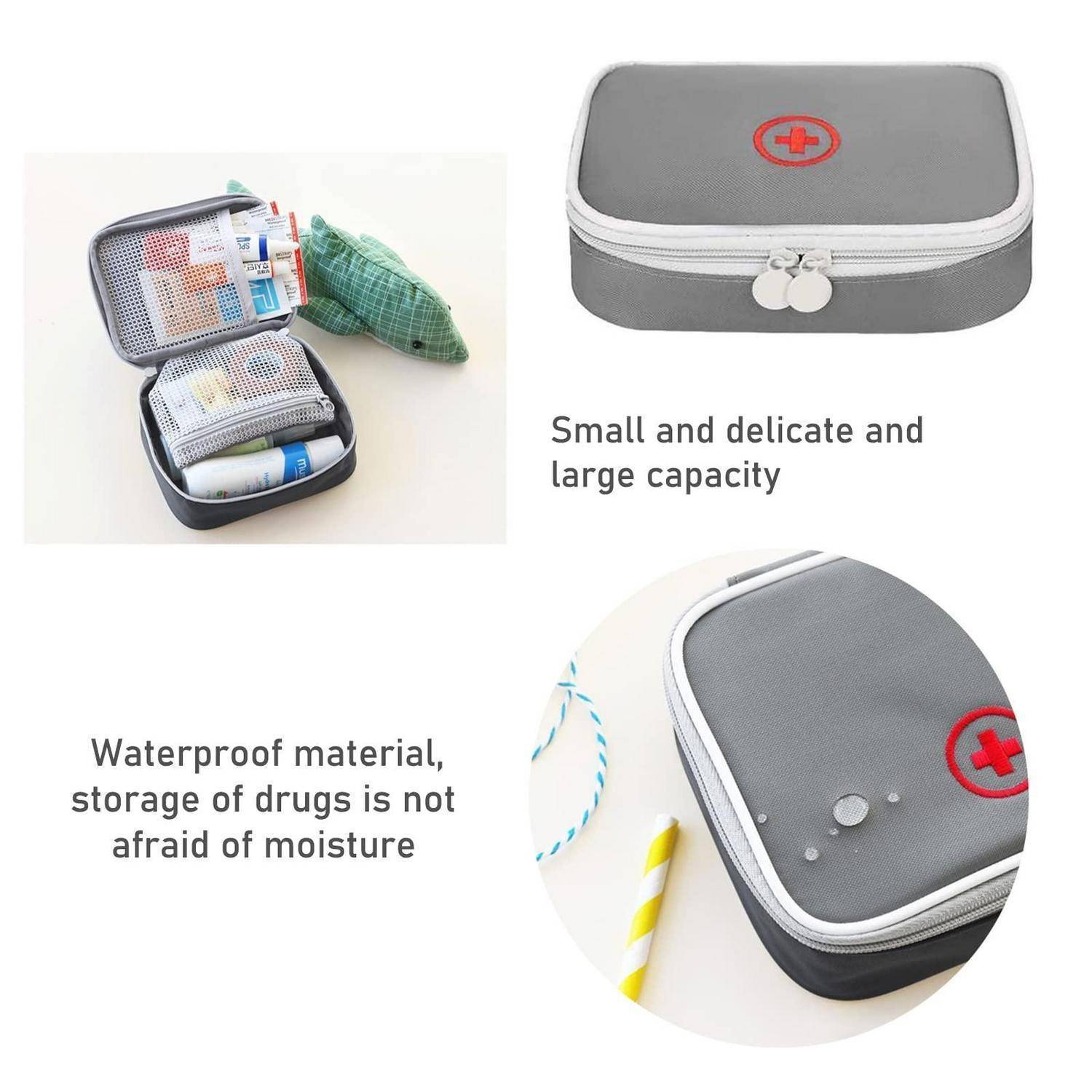 Grauer Reißverschluss-Medizinkoffer offen dargestellt mit organisierten Medikamenten im Inneren; wasserdichtes, kompaktes Design mit großer Kapazität und rotem Kreuz-Emblem.