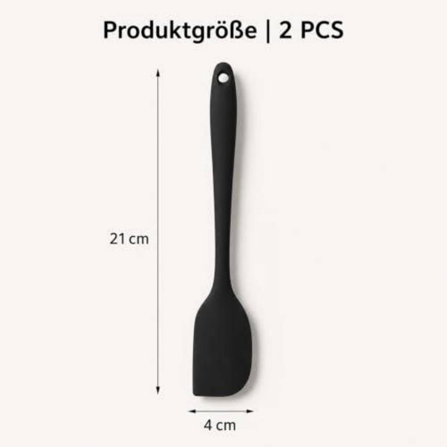 Schwarzer Silikonspatel, 21 cm lang und 4 cm breit, mit der Aufschrift „Produktgröße | 2 STK