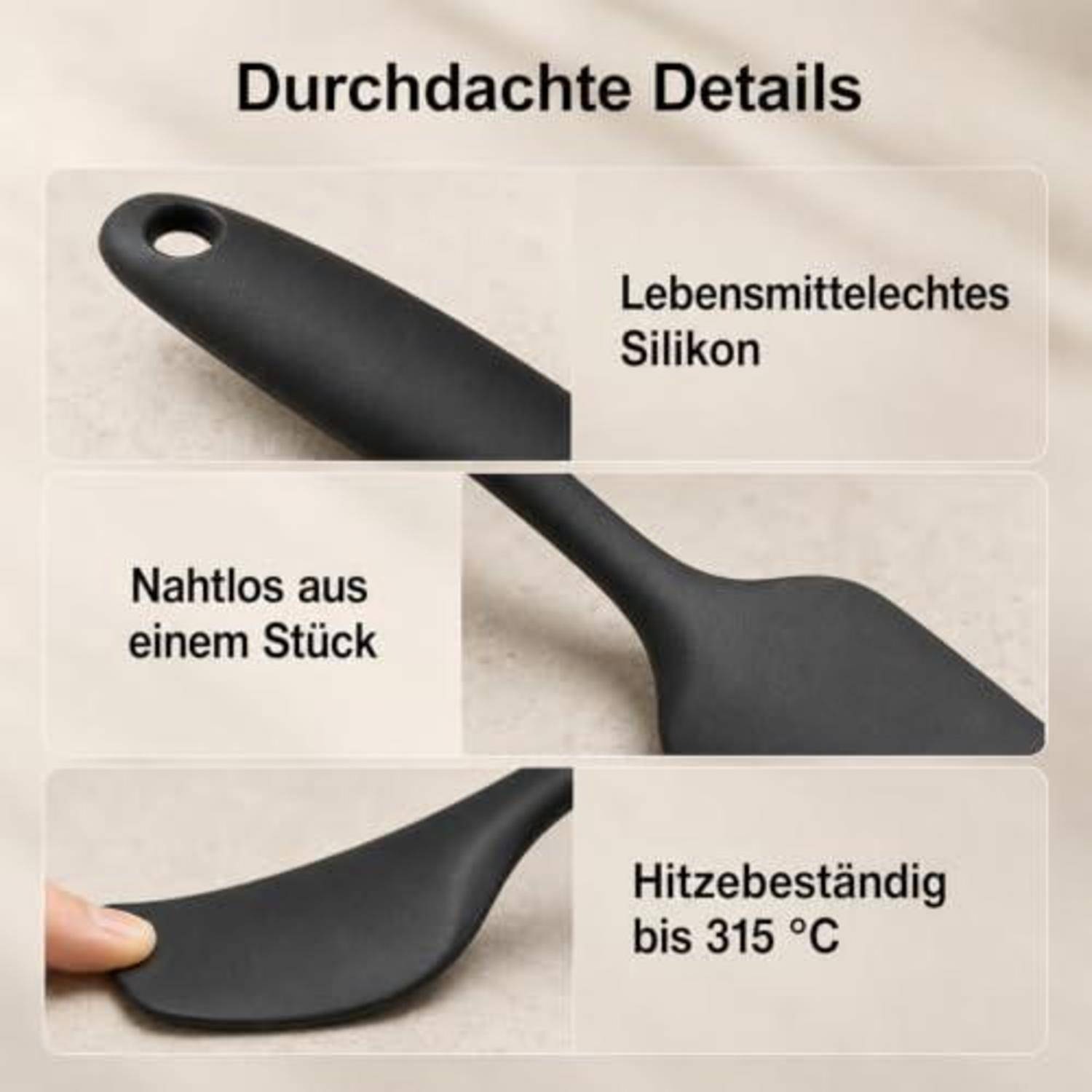 Schwarzer Silikonspatel mit deutschen Beschriftungen: nahtlos aus einem Stück, lebensmittelgeeignetes Silikon, hitzebeständig bis 315°C.