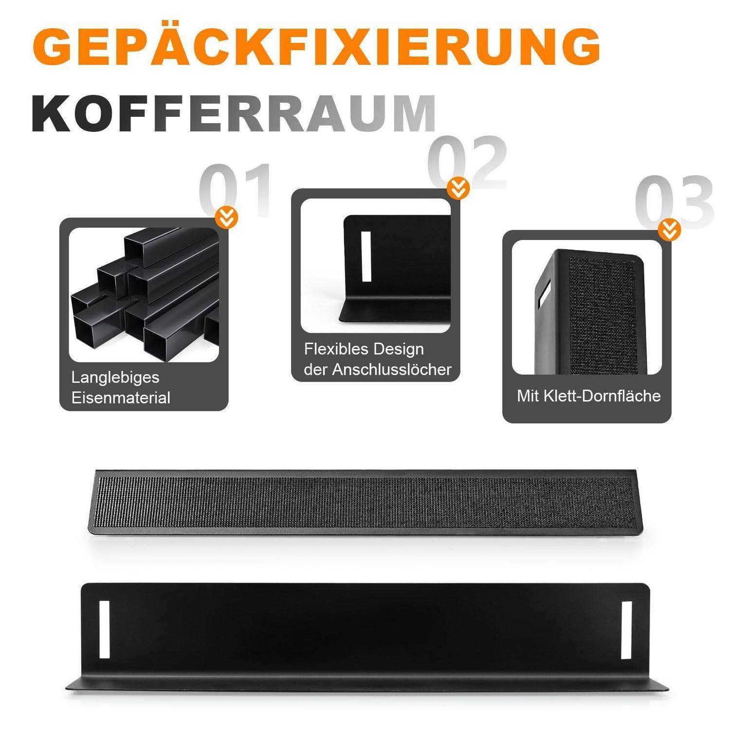 Produktgrafik für Ladungssicherung im Kofferraum: Langlebiges Eisenmaterial, flexible Verbindungsschlitz-Konstruktion und Klettflächenoberfläche, dargestellt mit einem langen schwarzen Befestigungsstreifen.