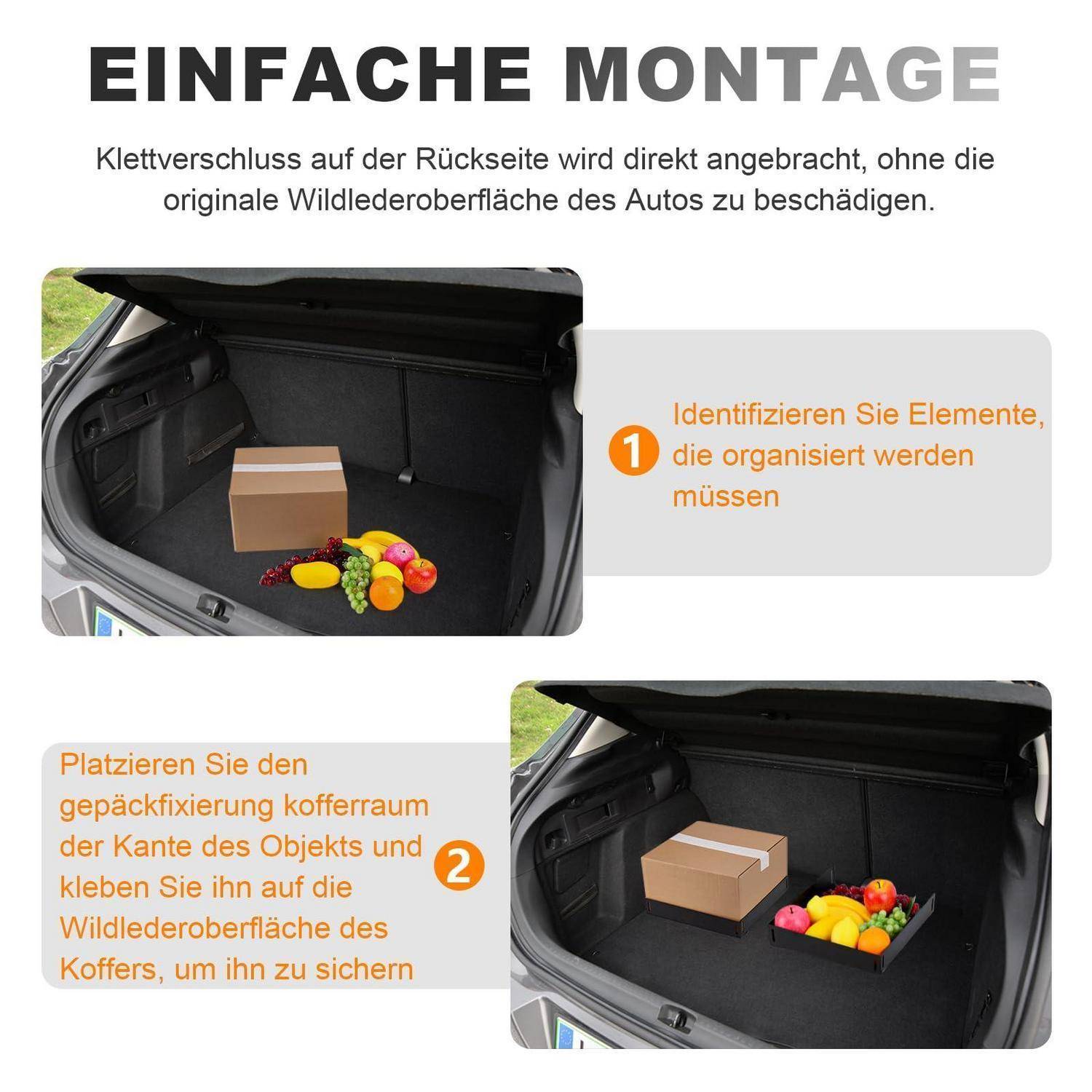 Infografik zur Installation eines Kfz-Kofferraum-Ladungsorganizers mit folgenden Schritten: Gegenstände zum Organisieren identifizieren, dann Klett-Befestigungen auf dem Kofferrraumboden anbringen und Gegenstände darin platzieren.