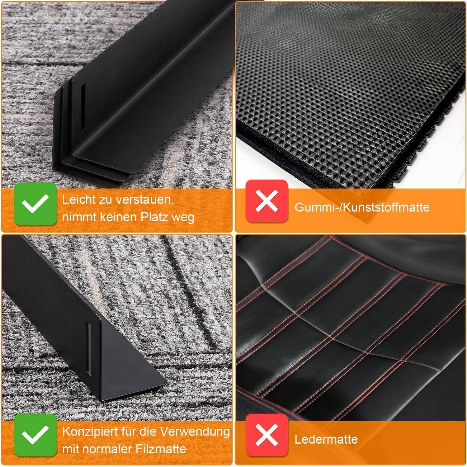 Collage zeigt eine schlanke schwarze Faltyogamatte zur Verwendung mit einer normalen Filzmatte; es ist keine Gummi-/Kunststoffmatte oder Ledermatte.