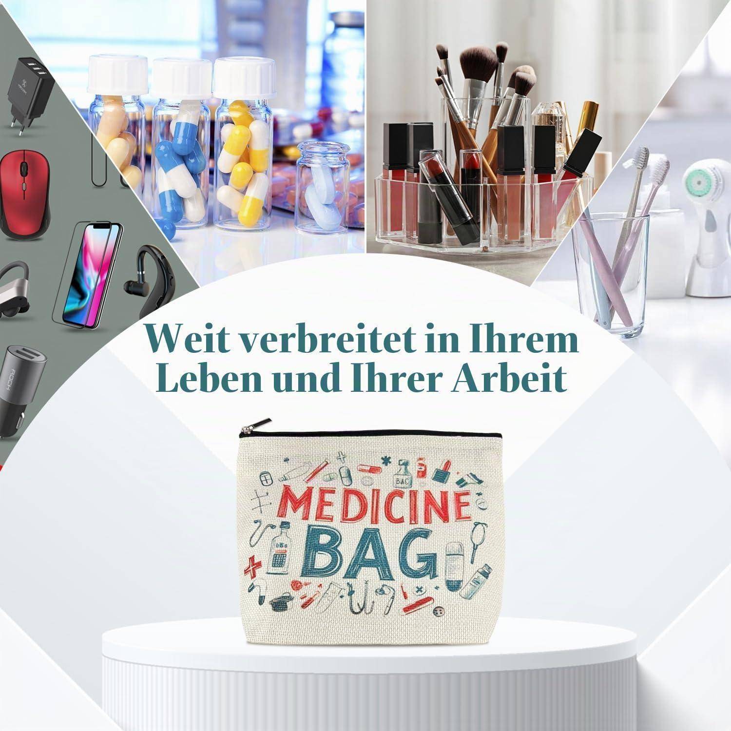 Werbegrafik mit einer "MEDICINE BAG"" Tasche, die auf einem Podest in der Mitte angeordnet ist, mit Pillen, Kosmetikartikeln, Elektronik und Hygieneartikel rundherum; deutscher Text lautet ""Weit verbreitet in Ihrem Leben und Ihrer Arbeit"".