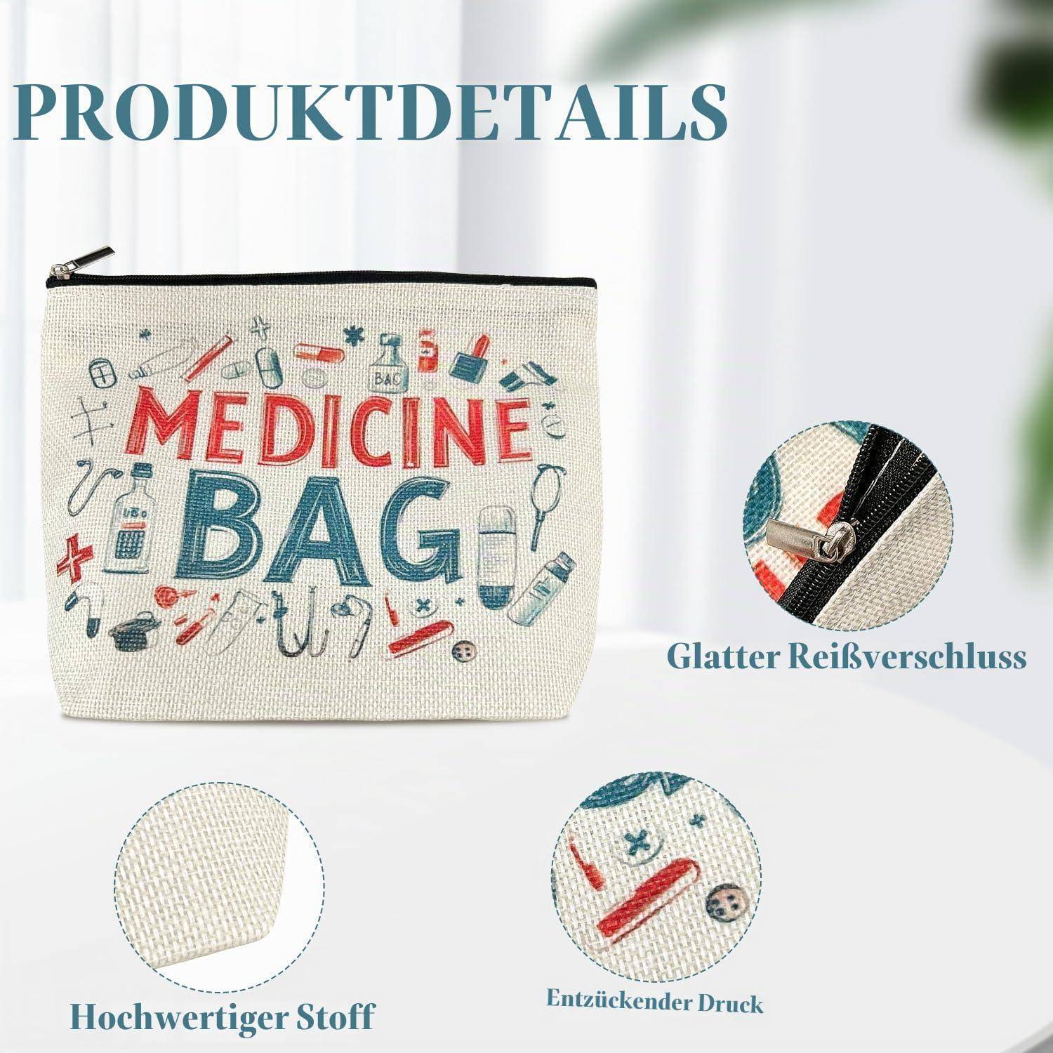 Produktdetail-Grafik mit einer "Medizintasche"" mit Reißverschluss-Nahaufnahme und Stoff-/Druckdetails, beschriftet in Deutsch als hochwertige Stoffe und charmanter Druck.