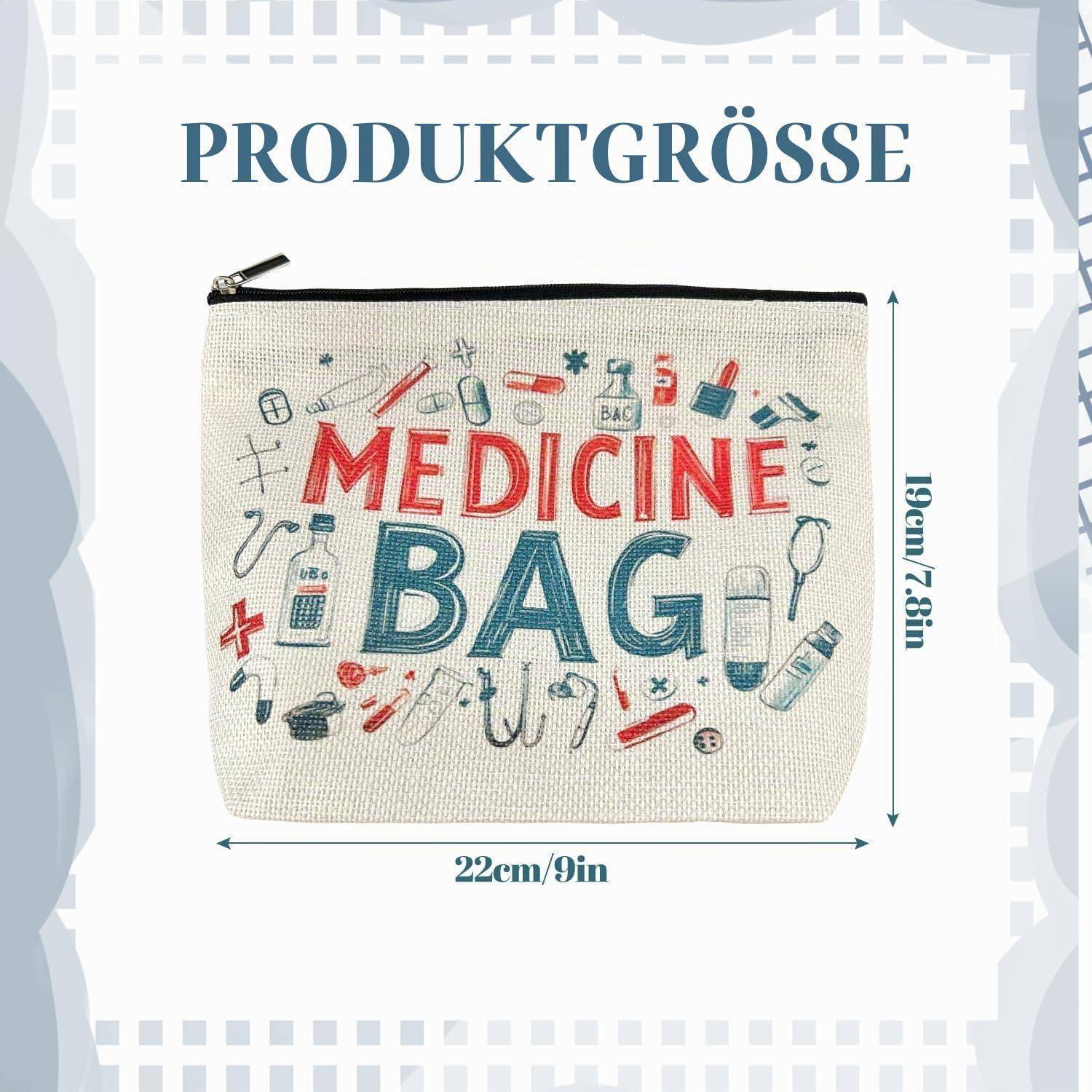 Abbildung eines Medizintaschen-Produktgrößendiagramms mit der Bezeichnung "PRODUKTGRÖSSE"", das die Beutelabmessungen von 22 cm/9 Zoll Breite und 19 cm/7,8 Zoll Höhe zeigt.