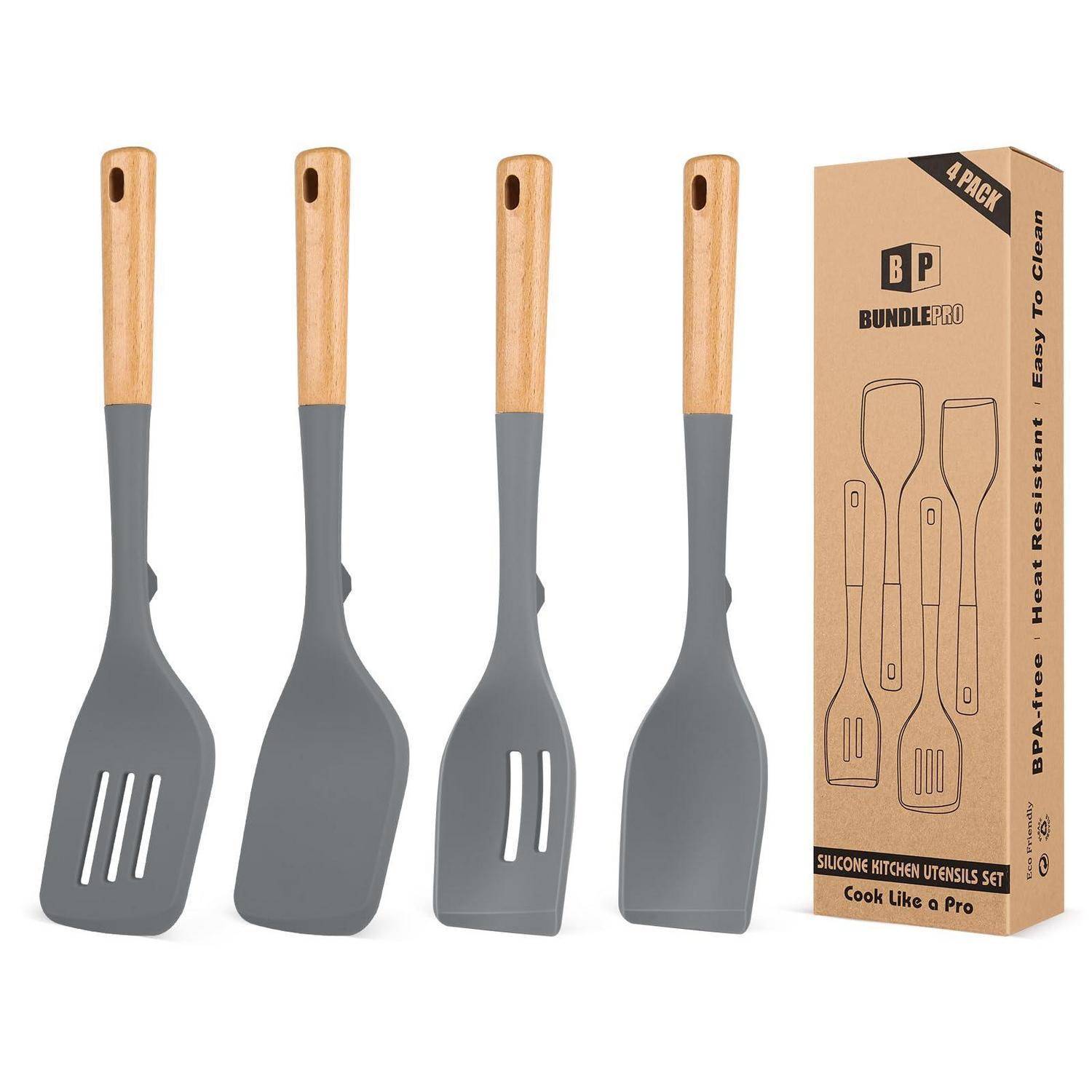 Vierteiliges Silikon-Küchenutensilien-Set mit Holzgriffen und einer Produktbox mit der Aufschrift „4er PACK