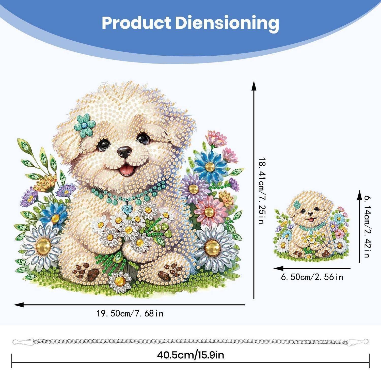Produktbeschreibung Diamond-Painting-Set mit einem blütenbedeckten Welpen-Design und Größenleitfaden: Hauptbild 19,5 x 18,4 cm, kleines Bild 6,5 x 6,1 cm, Kette 40,5 cm.