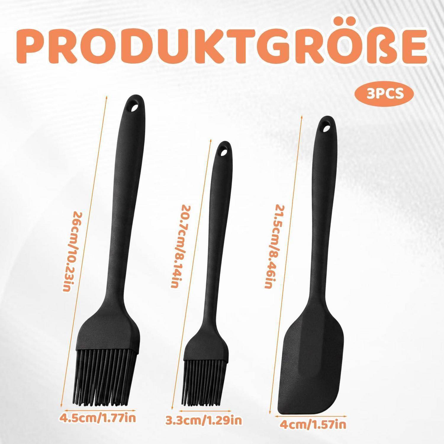 Größentabelle für 3 schwarze Küchengeräte: Backpinsel 26 cm, Spoonula 20,7 cm, Spatel 21,5 cm, mit angezeigten Breiten.