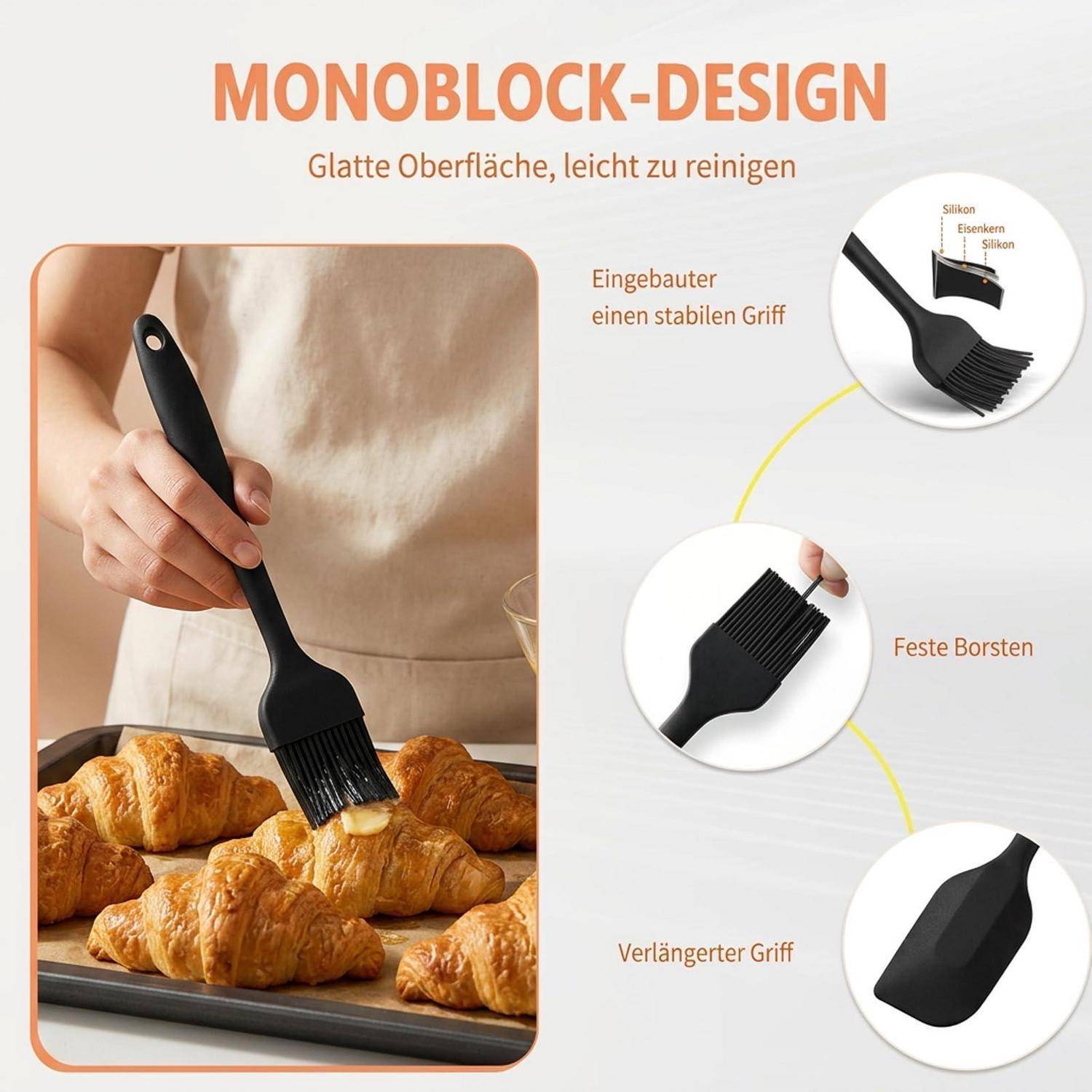Infografik für einen schwarzen Gebäckpinsel mit Monoblock-Design, glatter leicht zu reinigender Oberfläche, integriertem stabilem Griff, festen Borsten und verlängertem Griffbereich; wird zum Glasieren von Croissants verwendet.