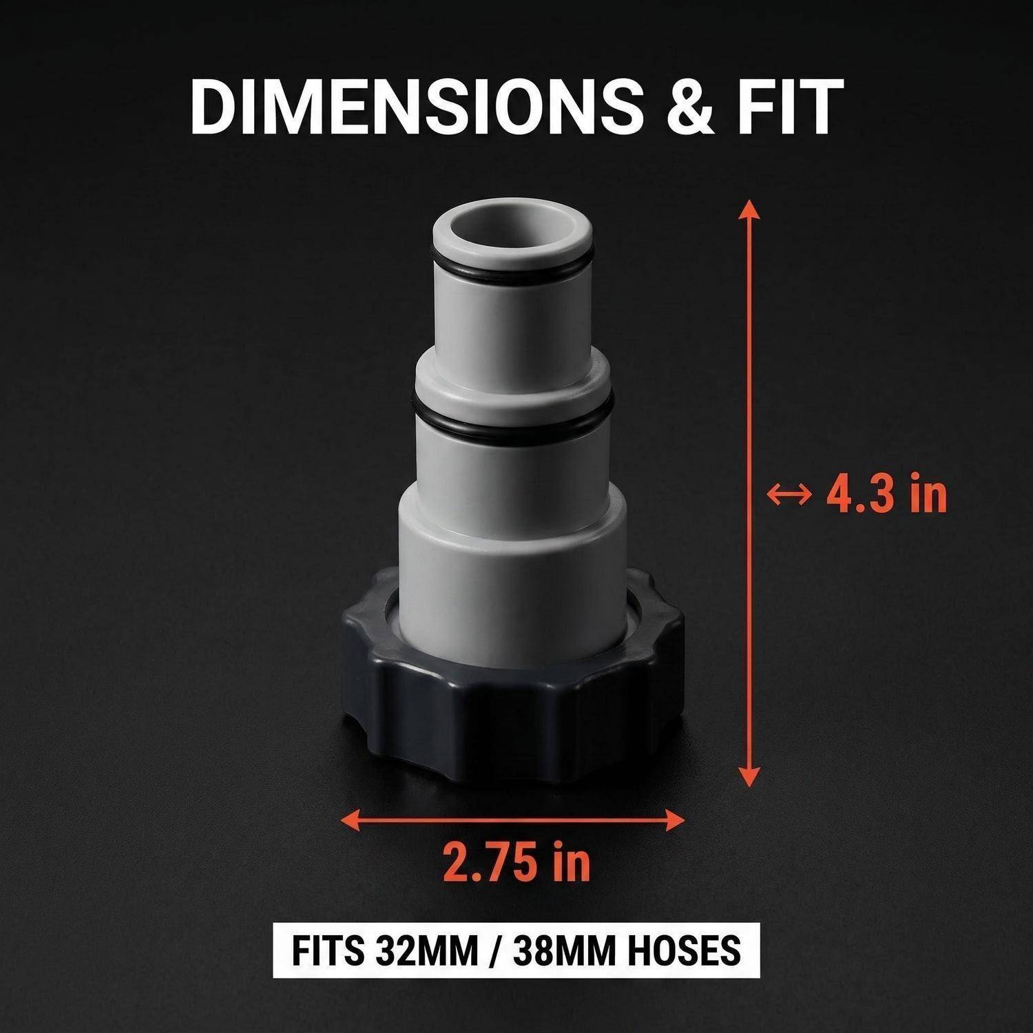 Dimensions- und Passformdiagramm eines Schlauchanschlusses mit einer Höhe von 4,3 Zoll, einer Breite von 2,75 Zoll und der Eignung für 32 mm/38 mm Schläuche.
