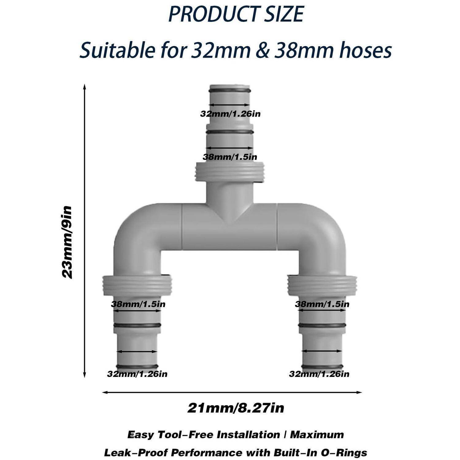 Größendiagramm für einen Schlauchanschluss, geeignet für 32mm und 38mm Schläuche, mit den Abmessungen 23mm Höhe und 21mm Breite, mit beschrifteten Ein- und Ausgangsgrößen.
