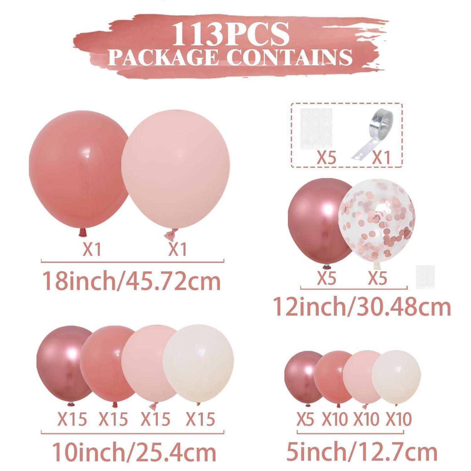Infografik, die ein 113-teiliges Ballonpaket zeigt: 18-Zoll-Ballons x2, 12-Zoll-Ballons x10, 10-Zoll-Ballons x60, 5-Zoll-Ballons x35, plus Zubehör x6.