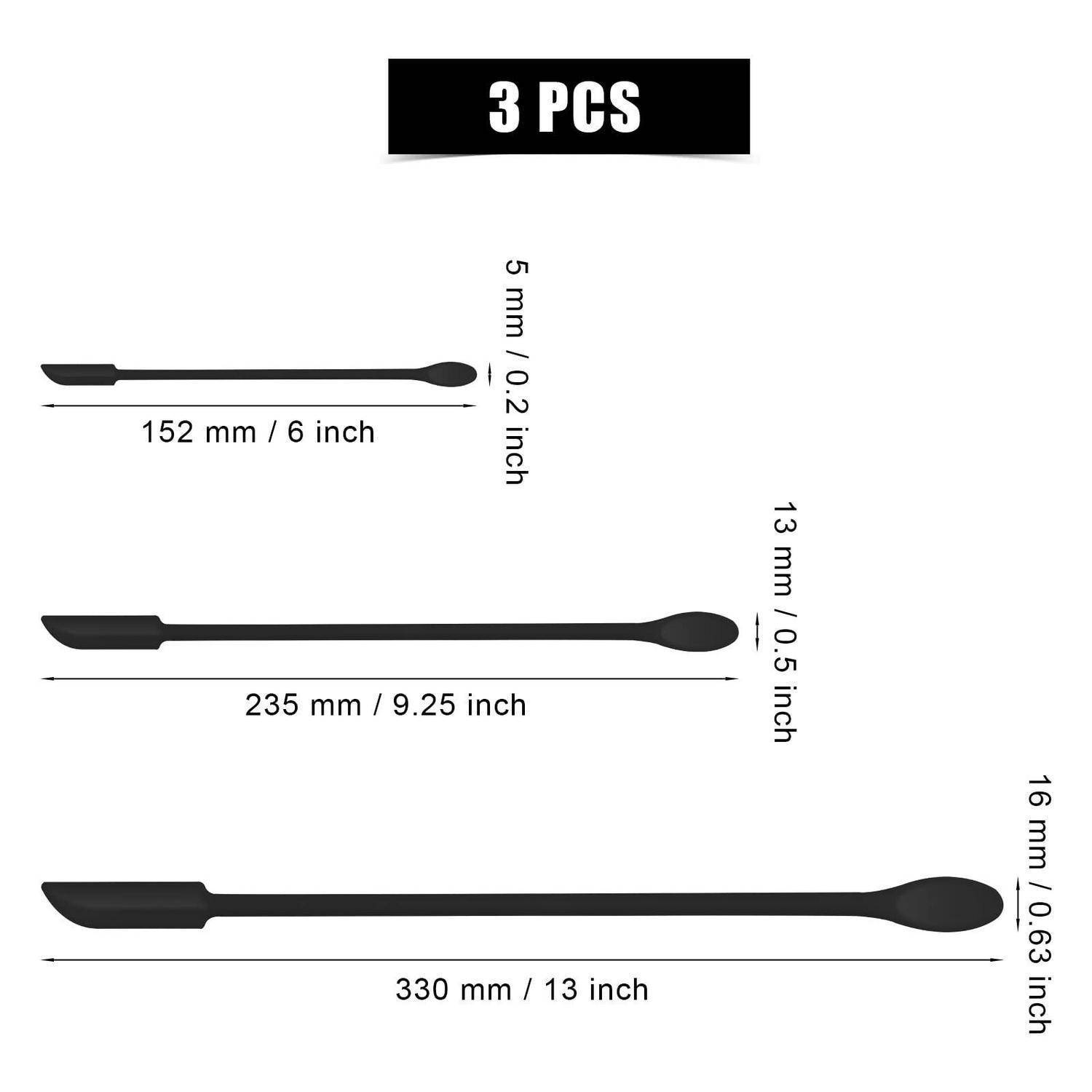 Diagramm von 3 schwarzen Spachteln, das Größen zeigt: 152 mm/6 Zoll, 235 mm/9,25 Zoll und 330 mm/13 Zoll, mit Blattbreiten, die mit 5 mm, 13 mm und 16 mm beschriftet sind.