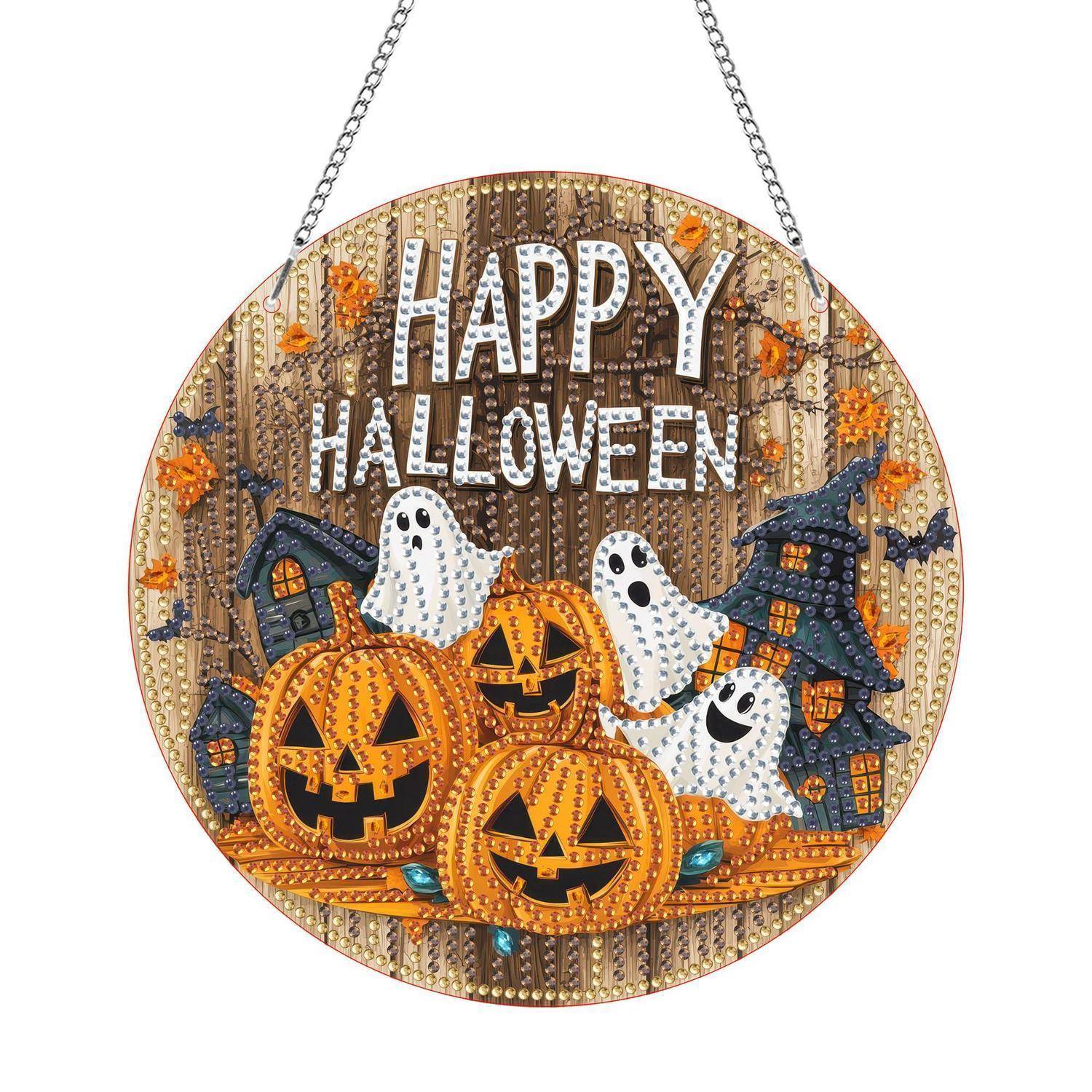 Rundes Halloween-Schild mit Hängekette, mit „HAPPY HALLOWEEN