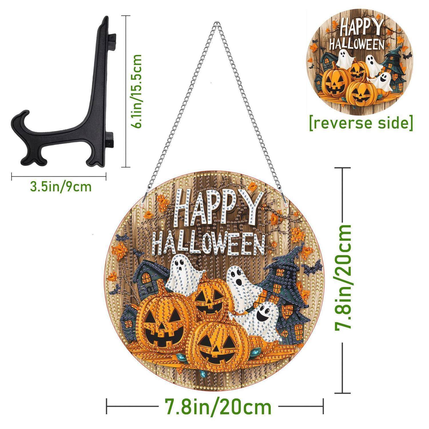 Rundes Halloween-Hängschild mit Kette mit der Aufschrift „HAPPY HALLOWEEN" und zeigt Kürbisse, Gespenster und Fledermäuse; Rückseite in Einsatz gezeigt; Abmessungen mit 20 cm Breite und 20 cm Höhe gekennzeichnet.