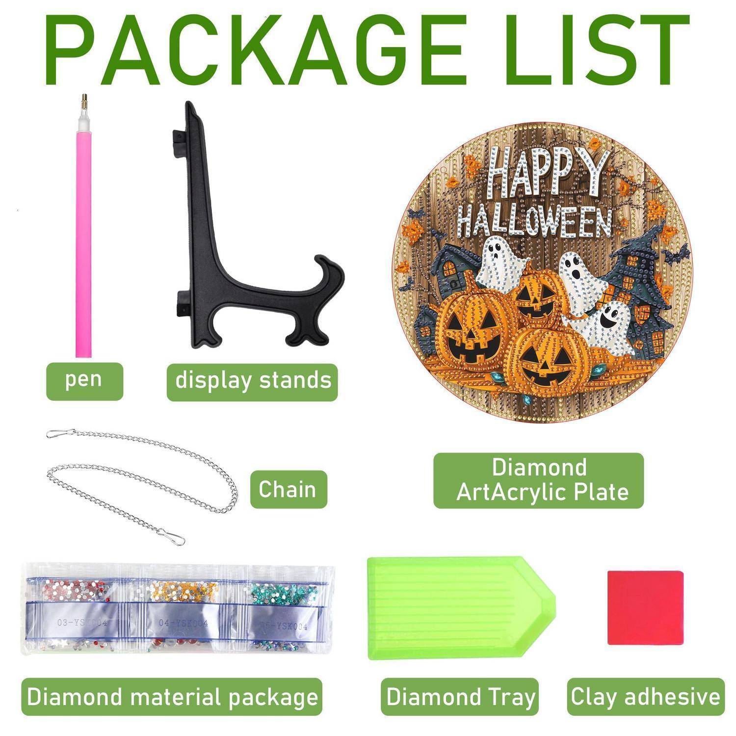 Paketliste für ein Halloween-Diamantmalset: Stift, Ständer, Kette, Diamantmal-Acrylplatte, Diamantmaterialpaket, Diamantschale und Klebstoffpaste.