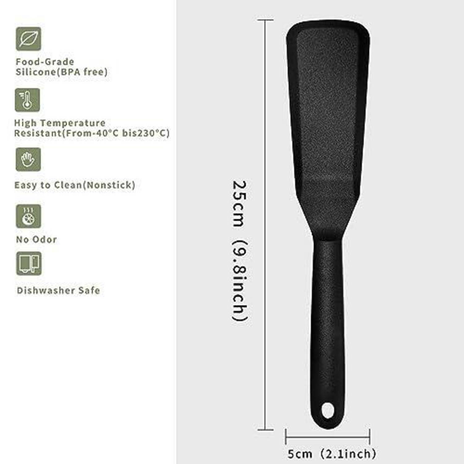 Schwarzer Silikonspatel mit Funktionssymbolen: Lebensmittelqualität BPA-frei, hitzebeständig von -40°C bis 230°C, antihaftbeschichtet, geruchlos, spülmaschinenfest; Größe 25 cm x 5 cm.