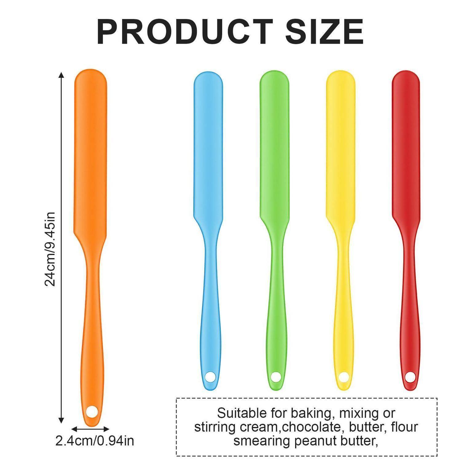 Produktgrößenchart mit einem 24 cm (9,45 Zoll) großen Back-/Rührutensil, 2,4 cm (0,94 Zoll) breit, in fünf Farben, geeignet zum Rühren von Sahne, Schokolade, Butter, Mehl und Erdnussbutter.
