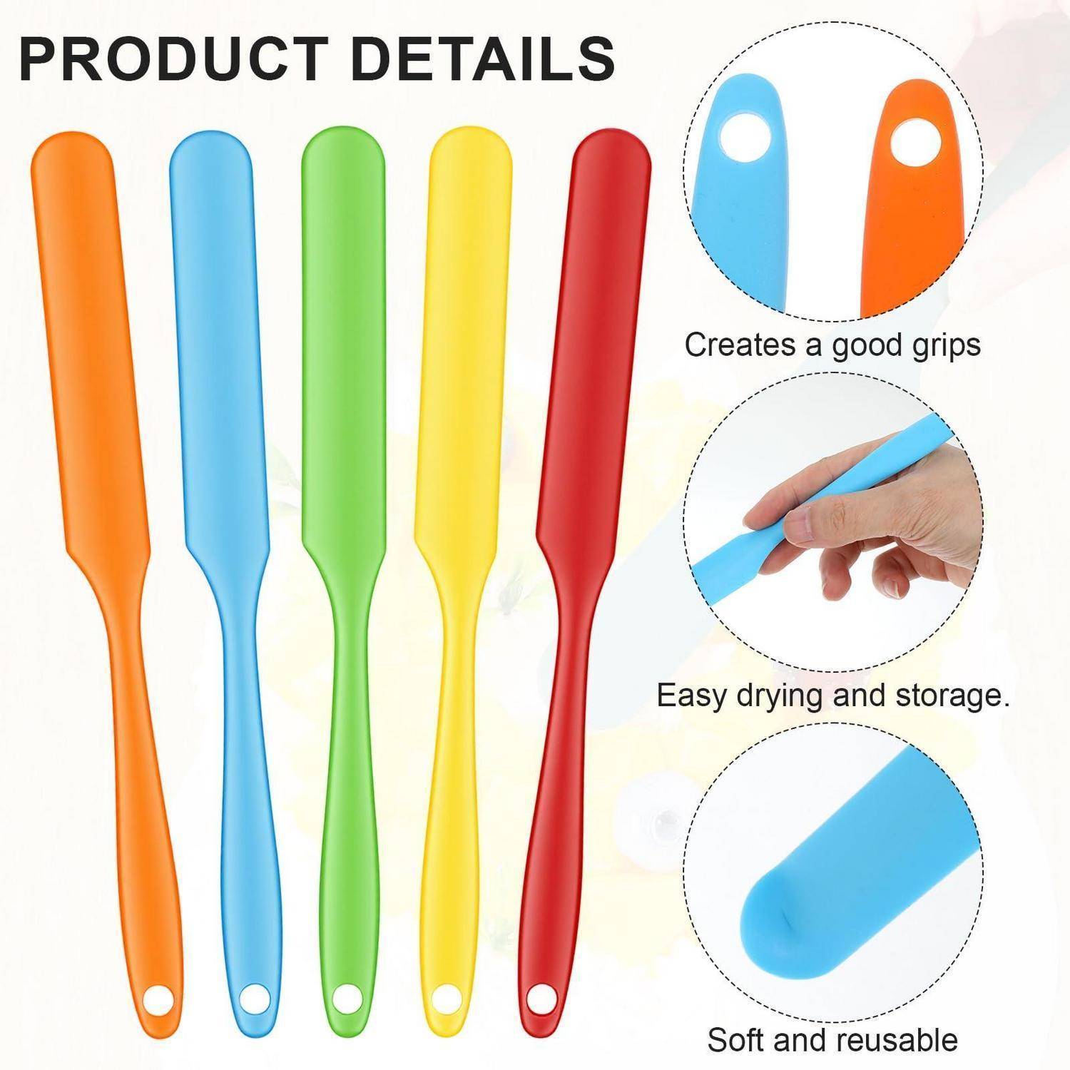 Produktdetailbild von fünf farbenfrohen Silikonspachteln in Orange, Blau, Grün, Gelb und Rot, mit Nahaufnahmen, die Grifflöcher, einfaches Trocknen und weiches wiederverwendbares Material zeigen.