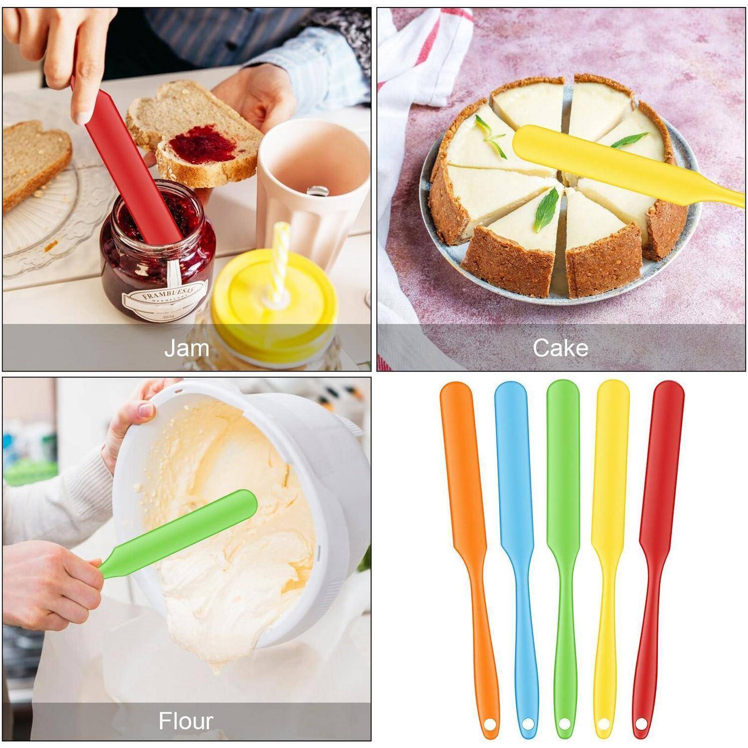 Collage aus fünf farbenfrohen Silikon-Spachteln zum Verteilen von Marmelade, Kuchenguss und Teig, mit Beschriftungen 