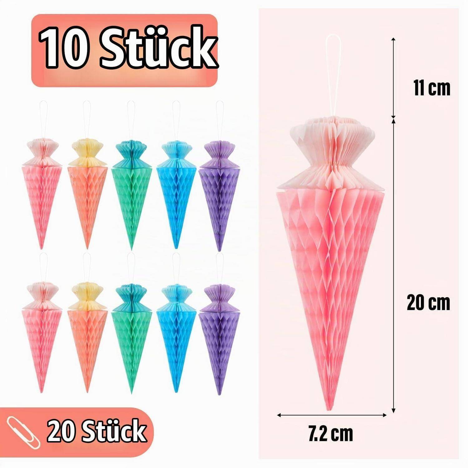 Produktbild von farbenfrohen hängenden Papier-Wabenkegel-Dekorationen, gezeigt in Sets von 10 und 20 Stück, mit Größenangabe 11 cm oben, 20 cm lang und 7,2 cm breit.