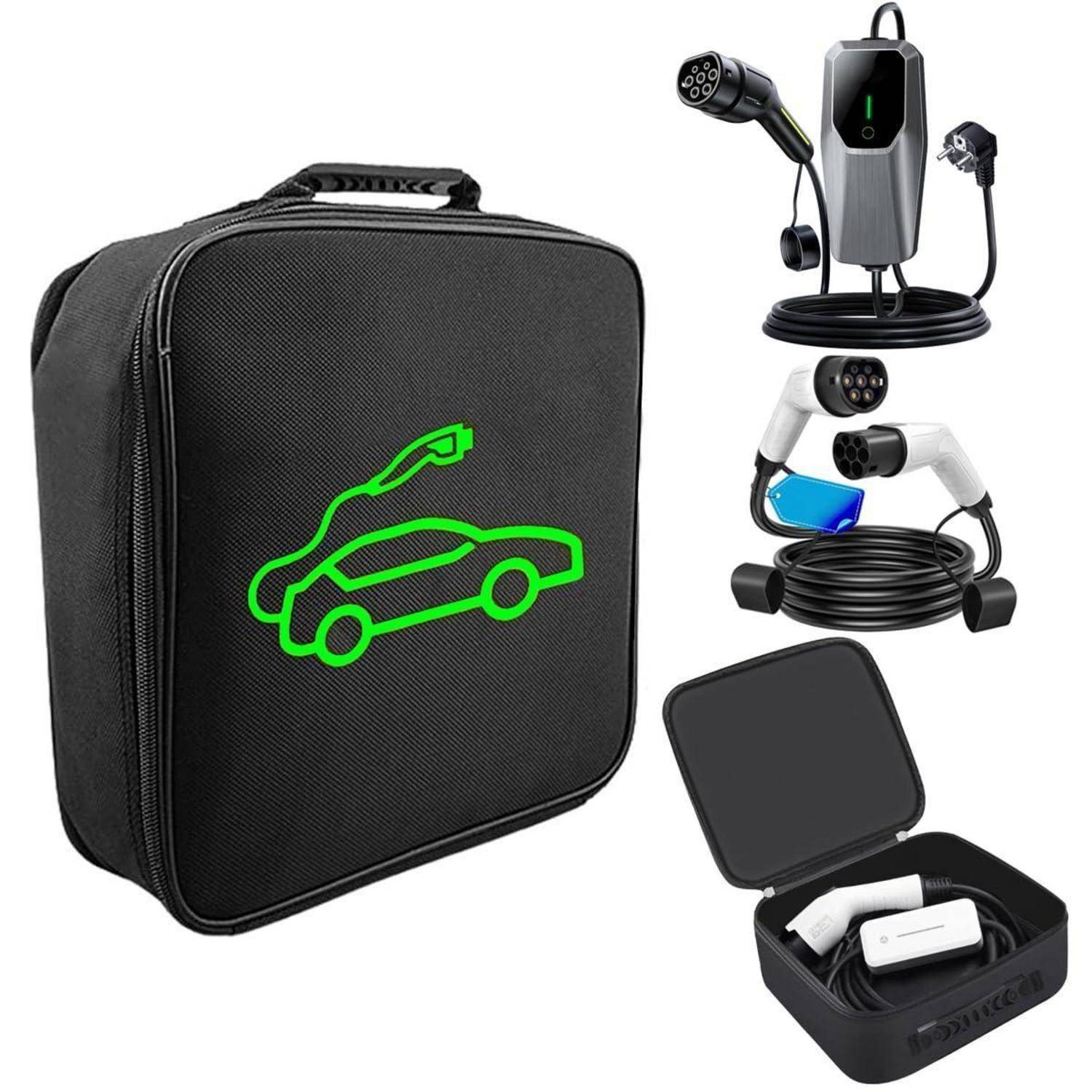 Schwarze Transporttasche für Elektrofahrzeug-Ladekabel mit drei Ladegeräten und einer kleinen Zubehörbox.