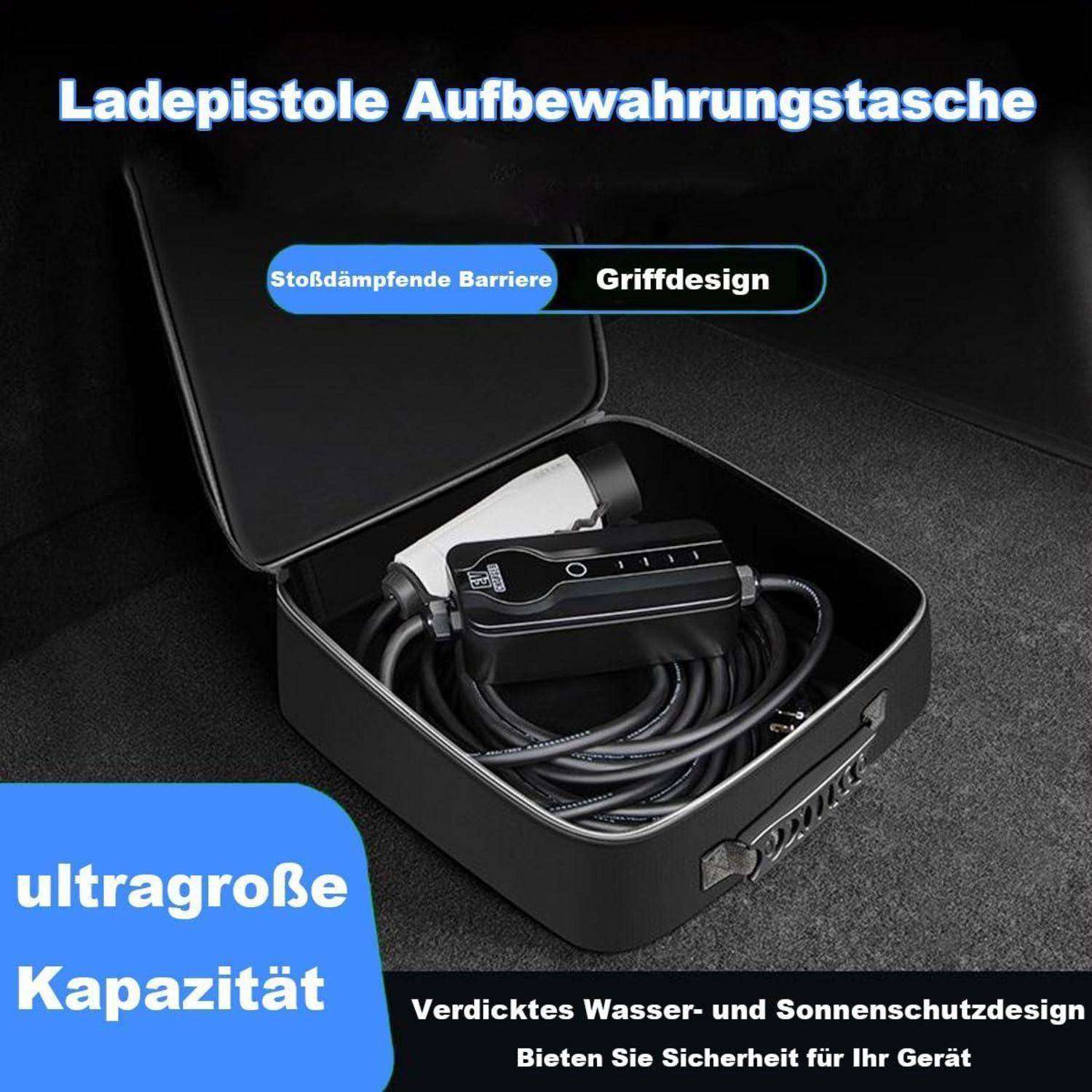 Schwarzer Speicherkoffer mit Griff, in dem ein aufgerolltes Ladekabel und ein Adapter aufbewahrt werden; deutscher Text bewirbt eine große Batterietasche mit stoßdämpfender Funktion sowie Wasser- und Sonnenschutz.