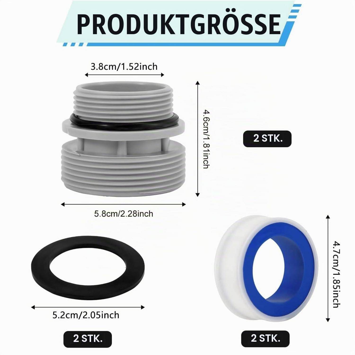 Diagramm von zwei Sanitärdichtungsteilen mit der Bezeichnung 'PRODUKTGRÖSSE' mit Abmessungen in cm/Zoll und Mengenangaben '2 STK.'.