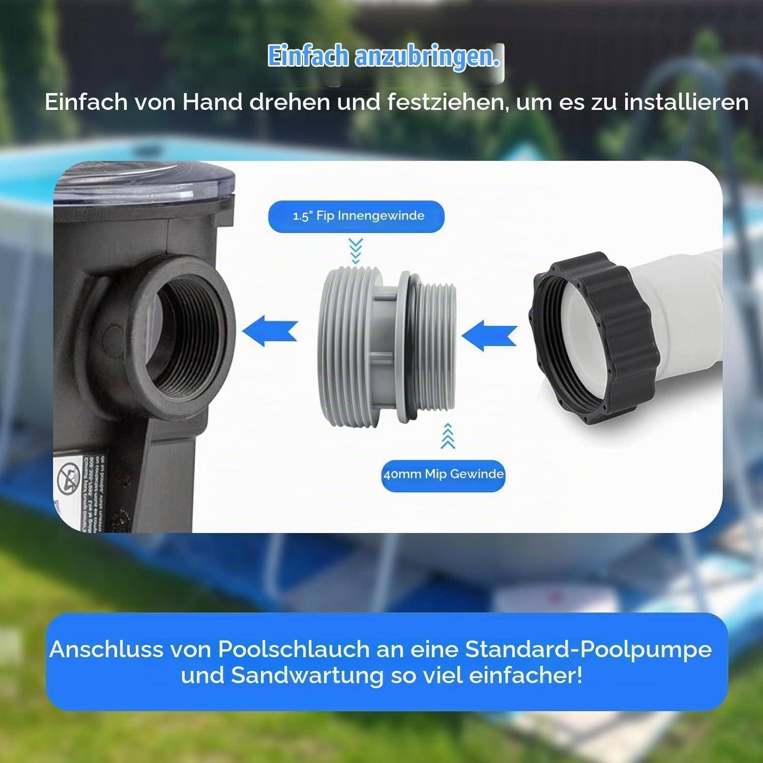 Illustration einer Poolpumpenschlauchadapter, die sich von Hand zusammenschrauben lässt; Beschriftungen lauten „1,5